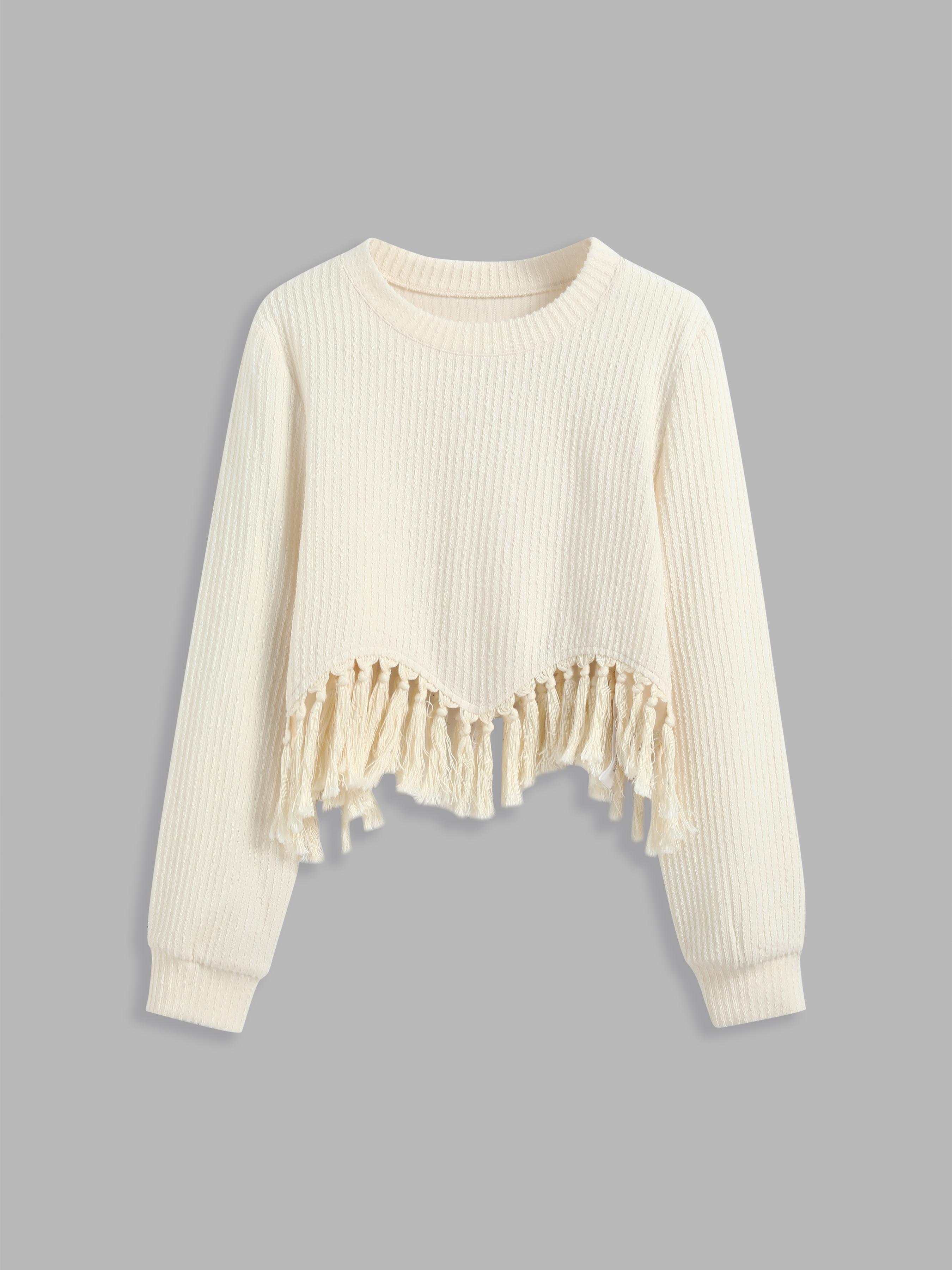 Rundhals Solid Fransen Langarm Crop Top by CIDER Rundhals Solid Fransen Langarm Crop Top by CIDER