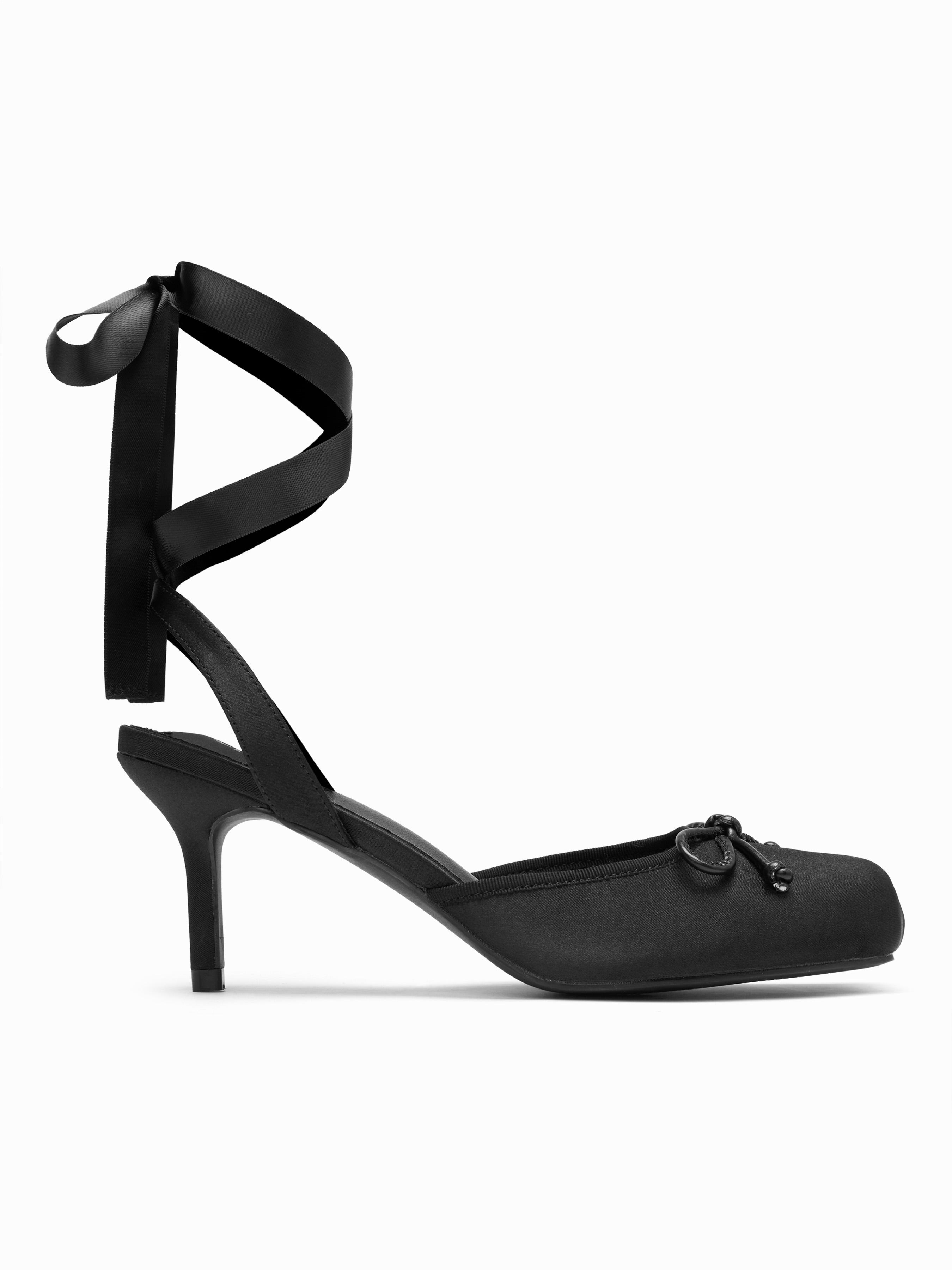 SATIN BOWKNOT DECOR SLINGBACK TIE LEG BALLET HEELS by CIDER