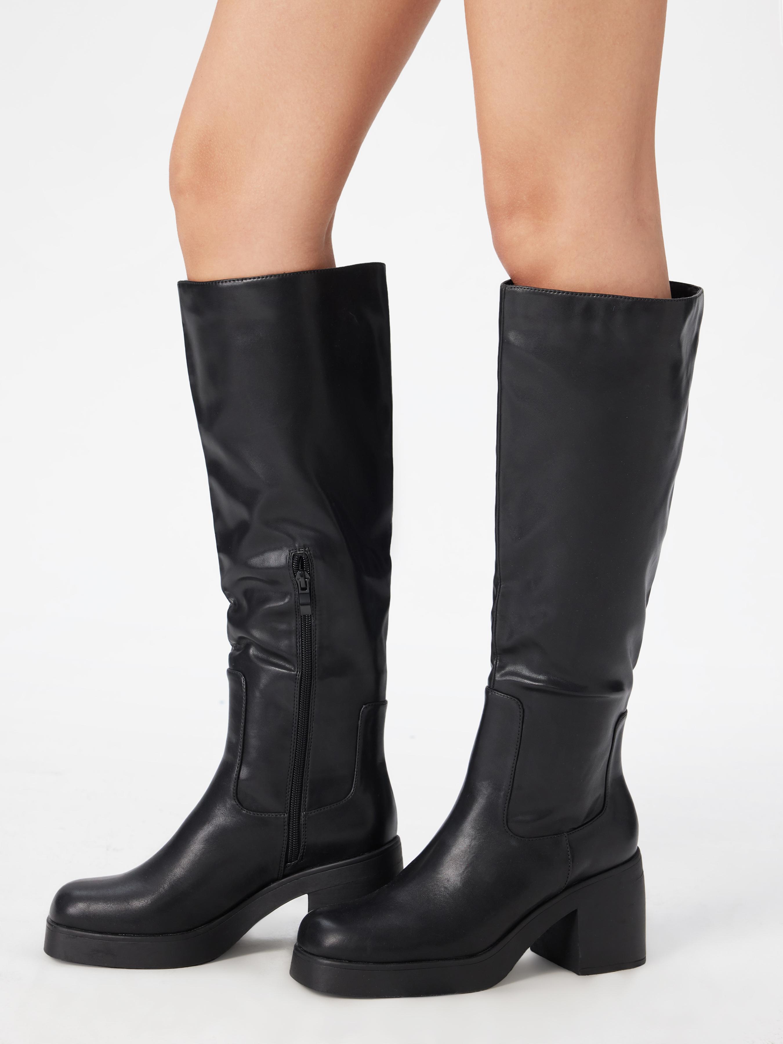 SQUARE TOE CHUNKY HEELED FAUX LEATHER KNEE HIGH BOOTS by CIDER