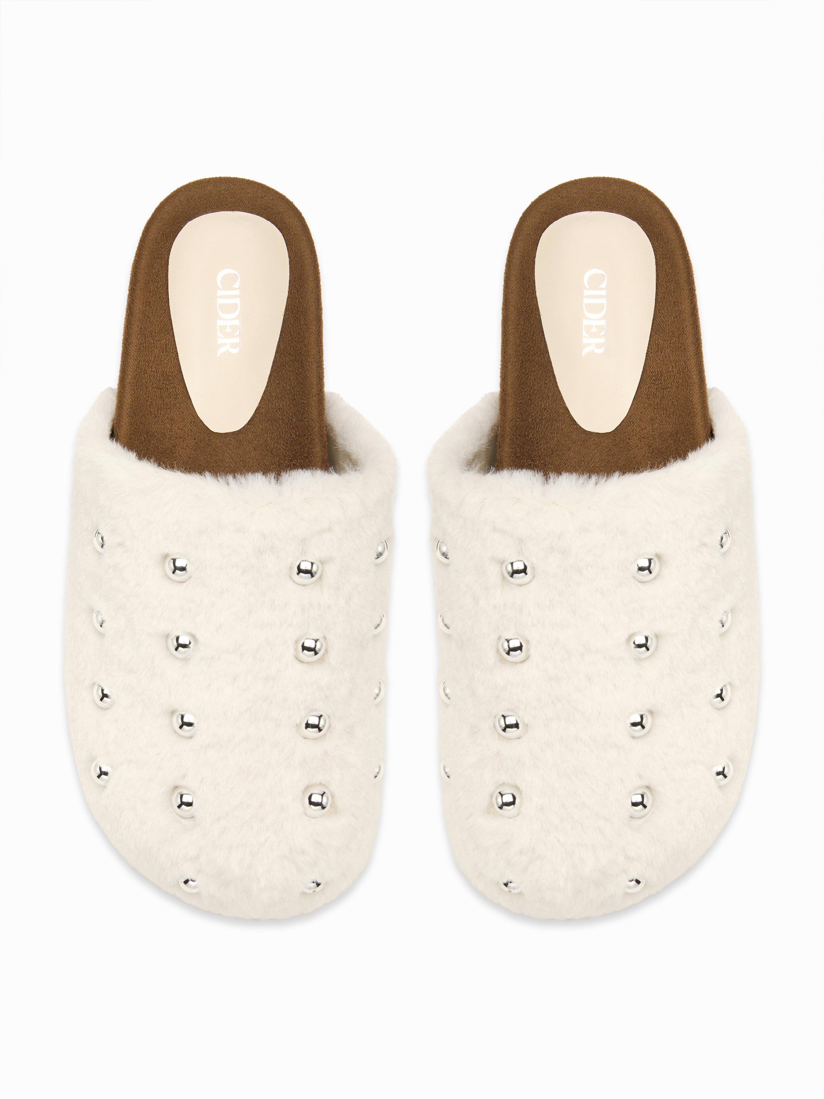 STUDDED FUZZY MULE FLATS by CIDER