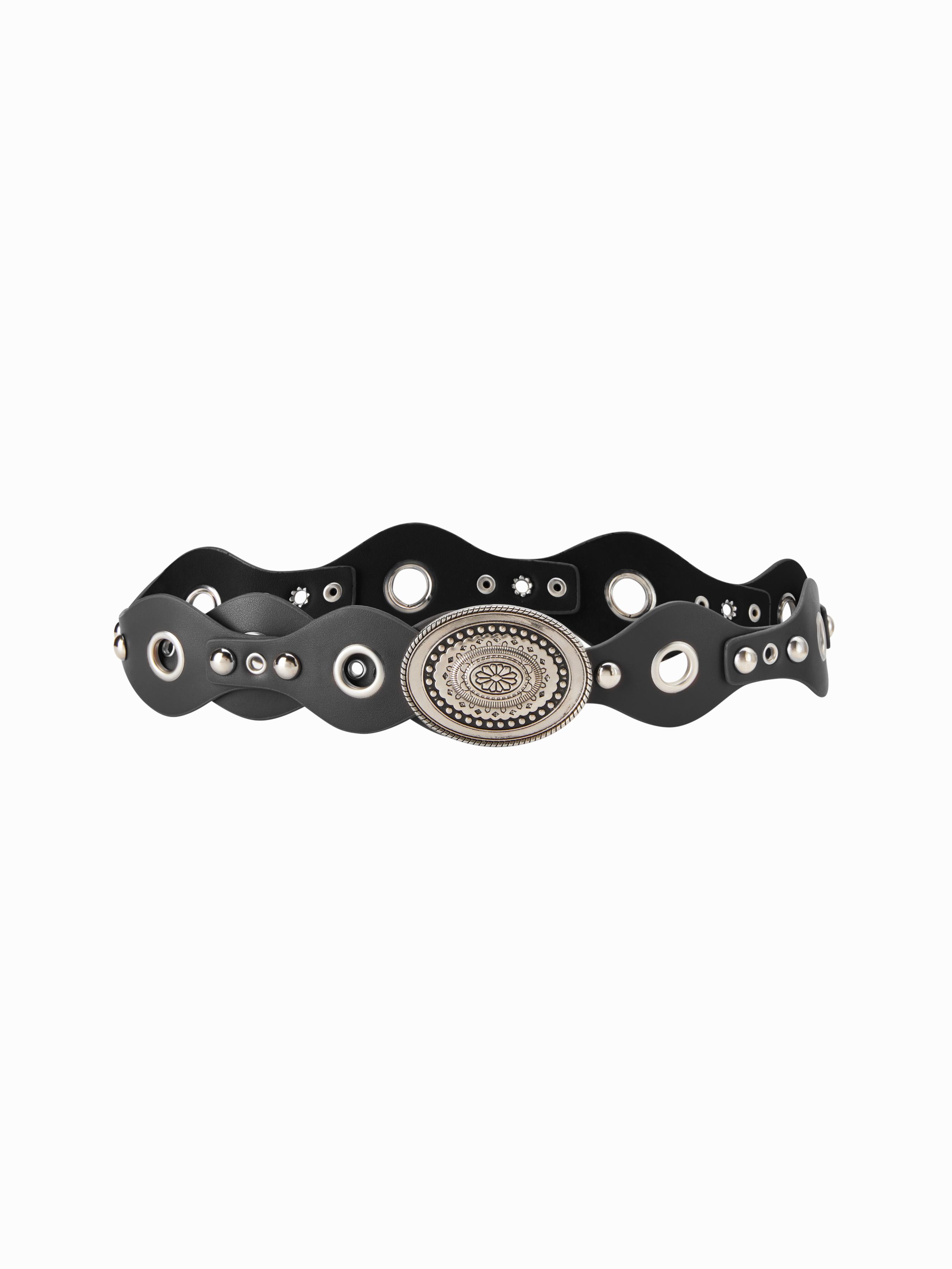 STUDDED & EYELET EMBELLISHED & ENGRAVED OVAL BUCKLE BELT by CIDER