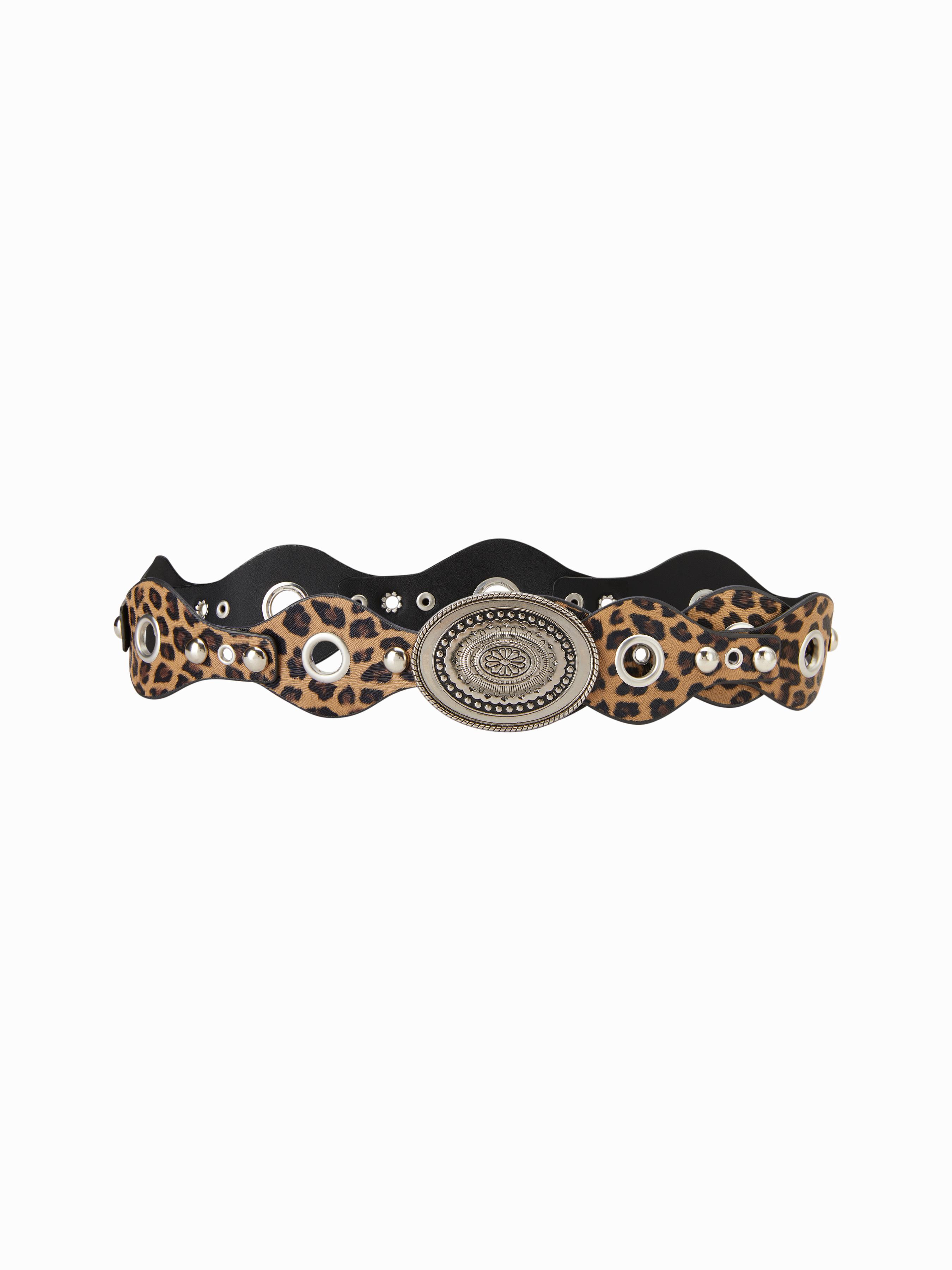 STUDDED & EYELET EMBELLISHED & ENGRAVED OVAL BUCKLE BELT by CIDER