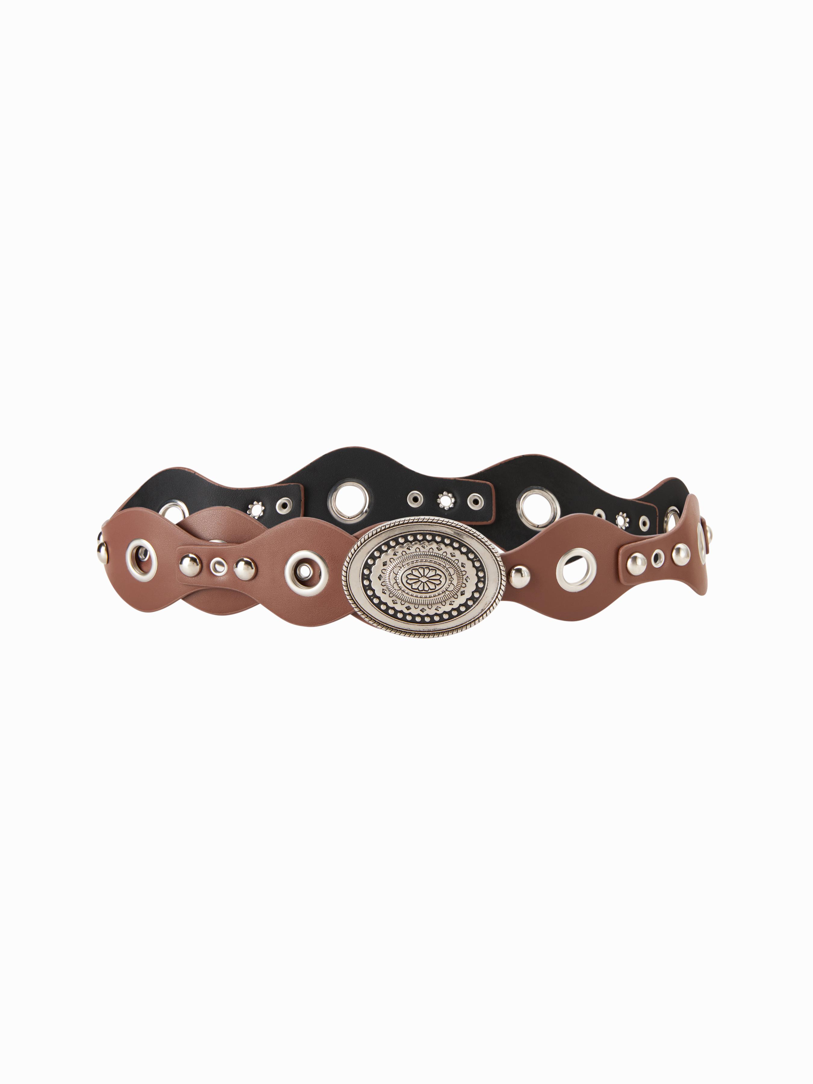 STUDDED & EYELET EMBELLISHED & ENGRAVED OVAL BUCKLE BELT by CIDER