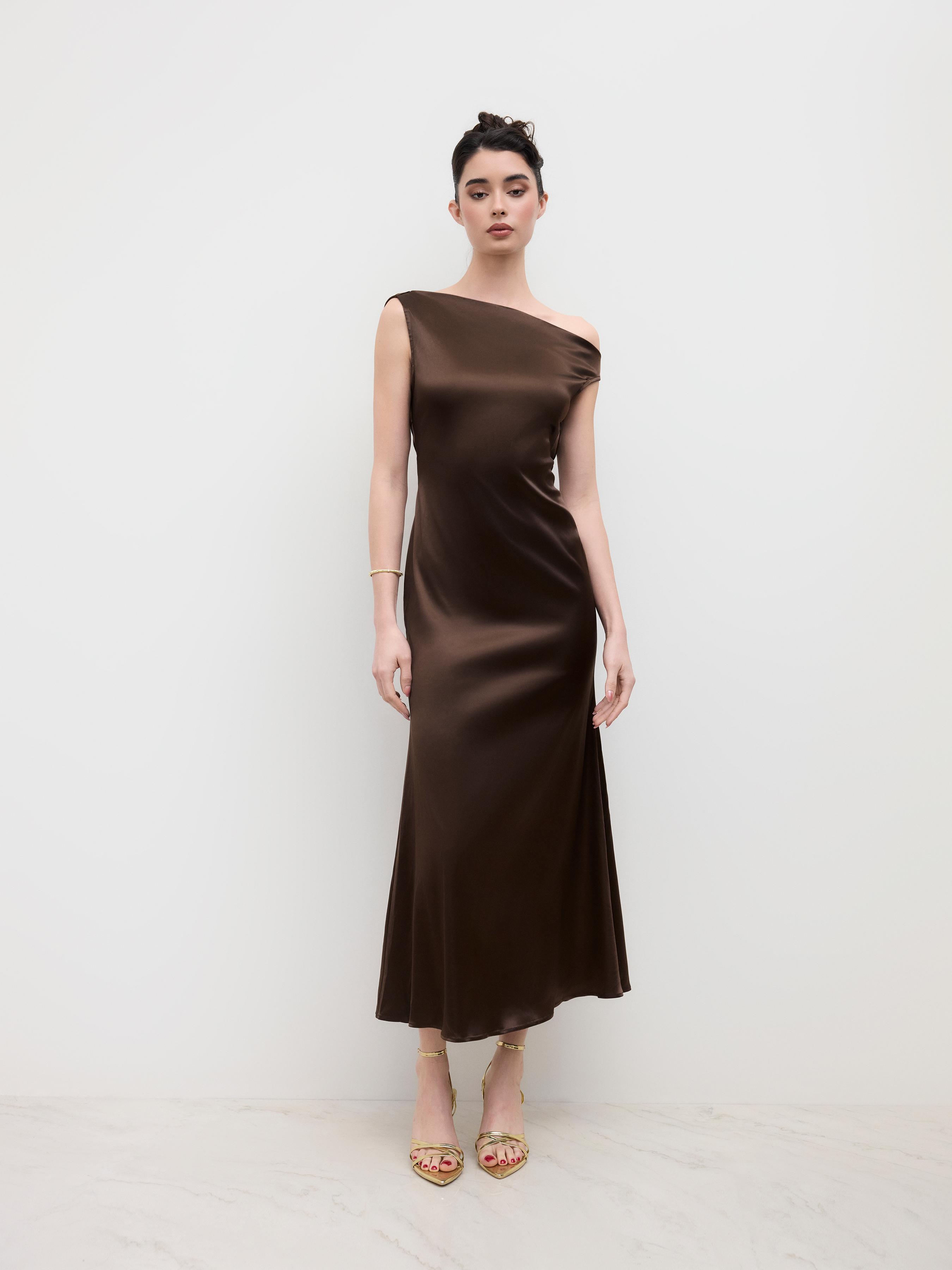Satin Asymmetrical Neck Backless Maxi Dress by CIDER