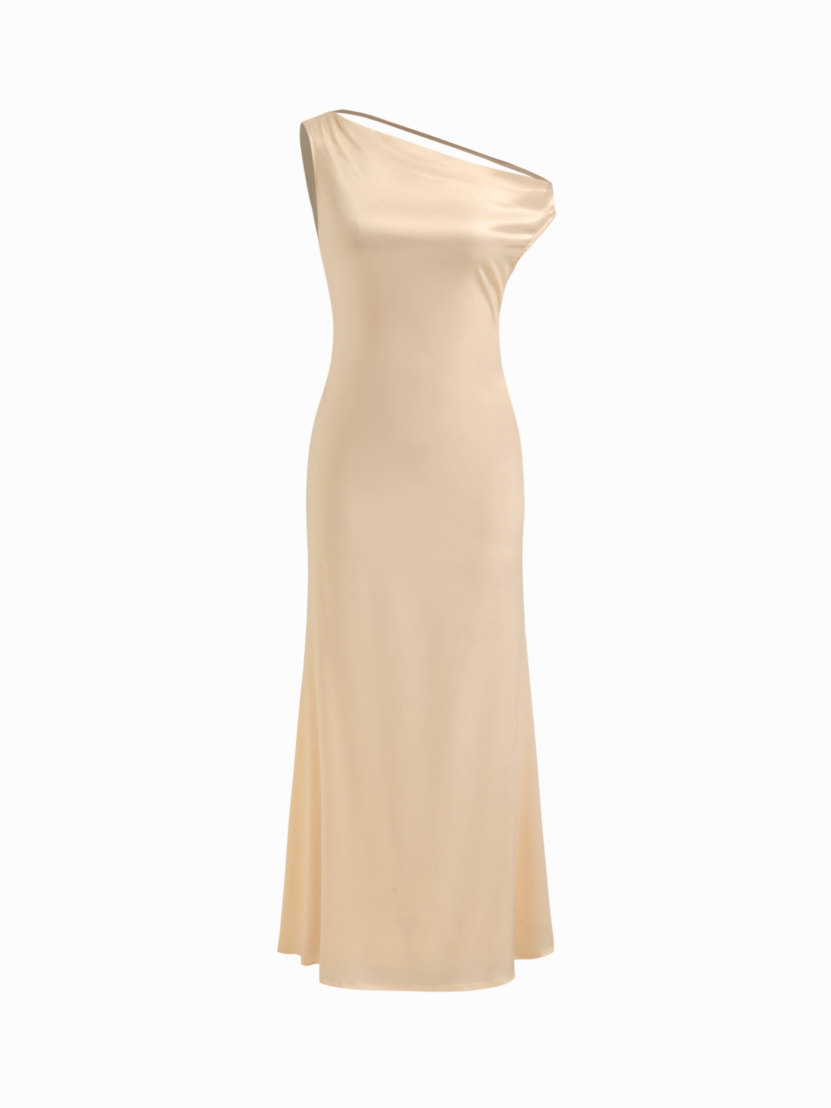 Satin Asymmetrical Neck Backless Maxi Dress by CIDER