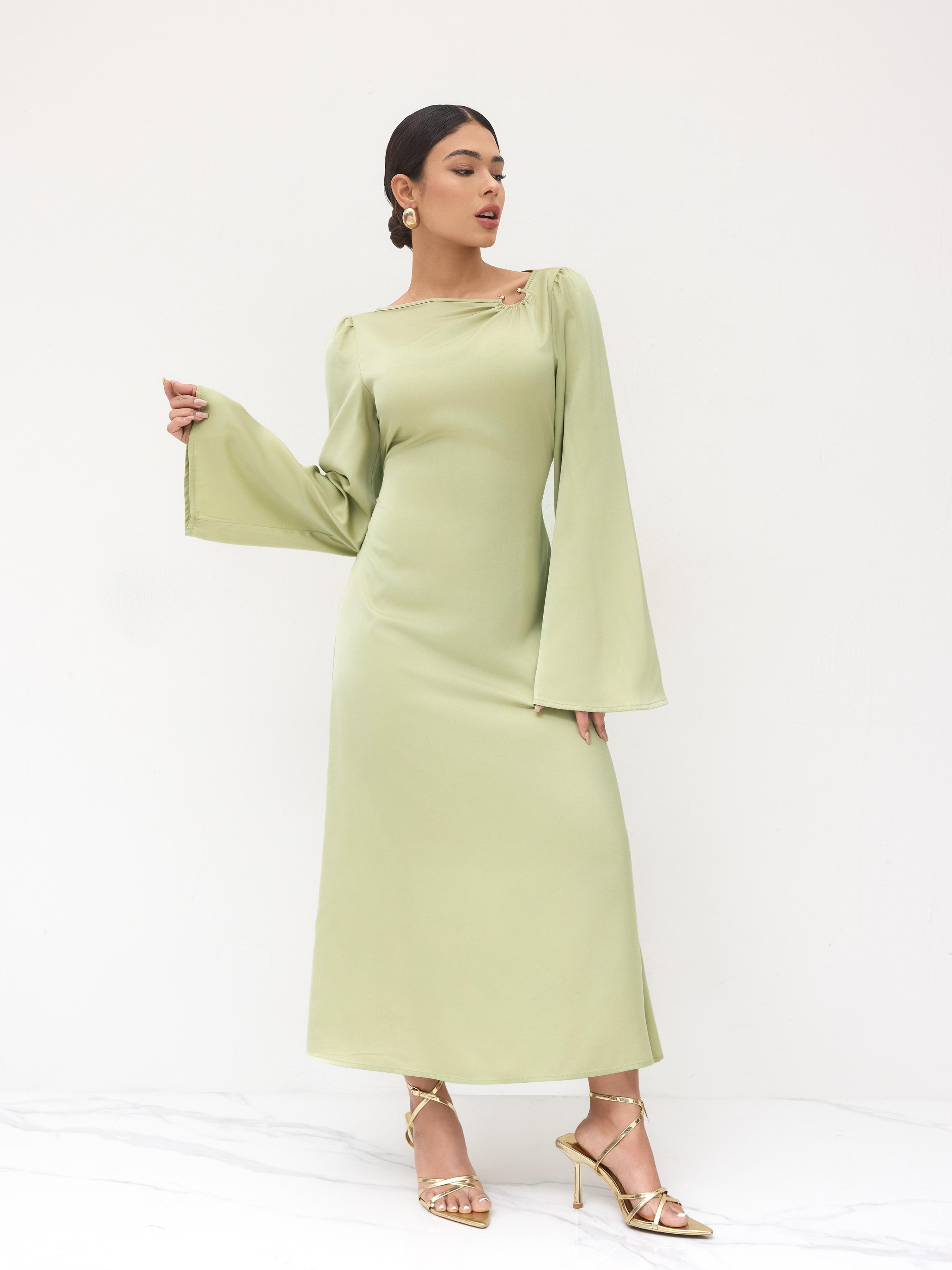 Satin Asymmetrical Neck Knotted Pierced Maxi Dress by CIDER
