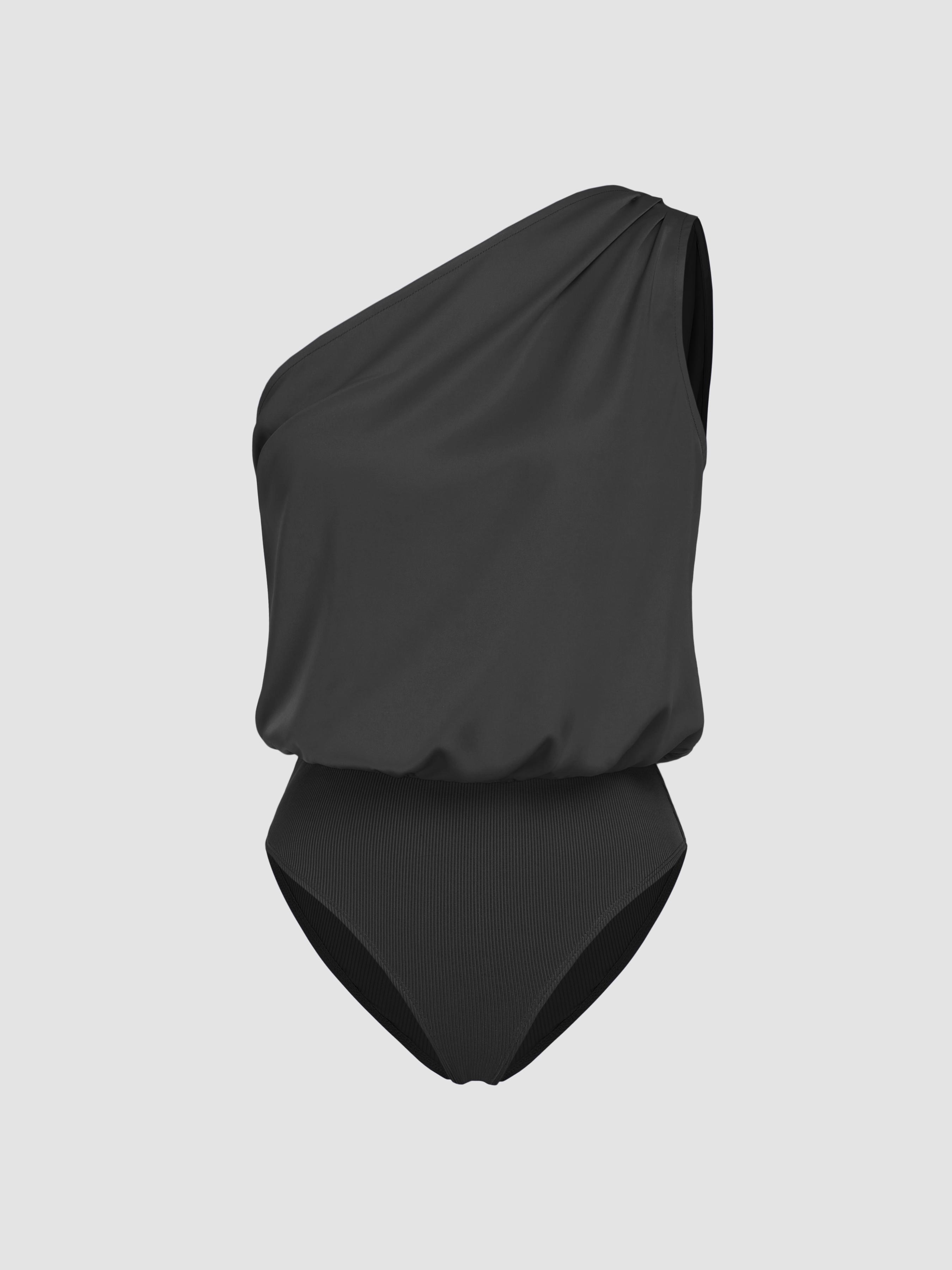 Satin Asymmetrical Neck Solid Bodysuit by CIDER