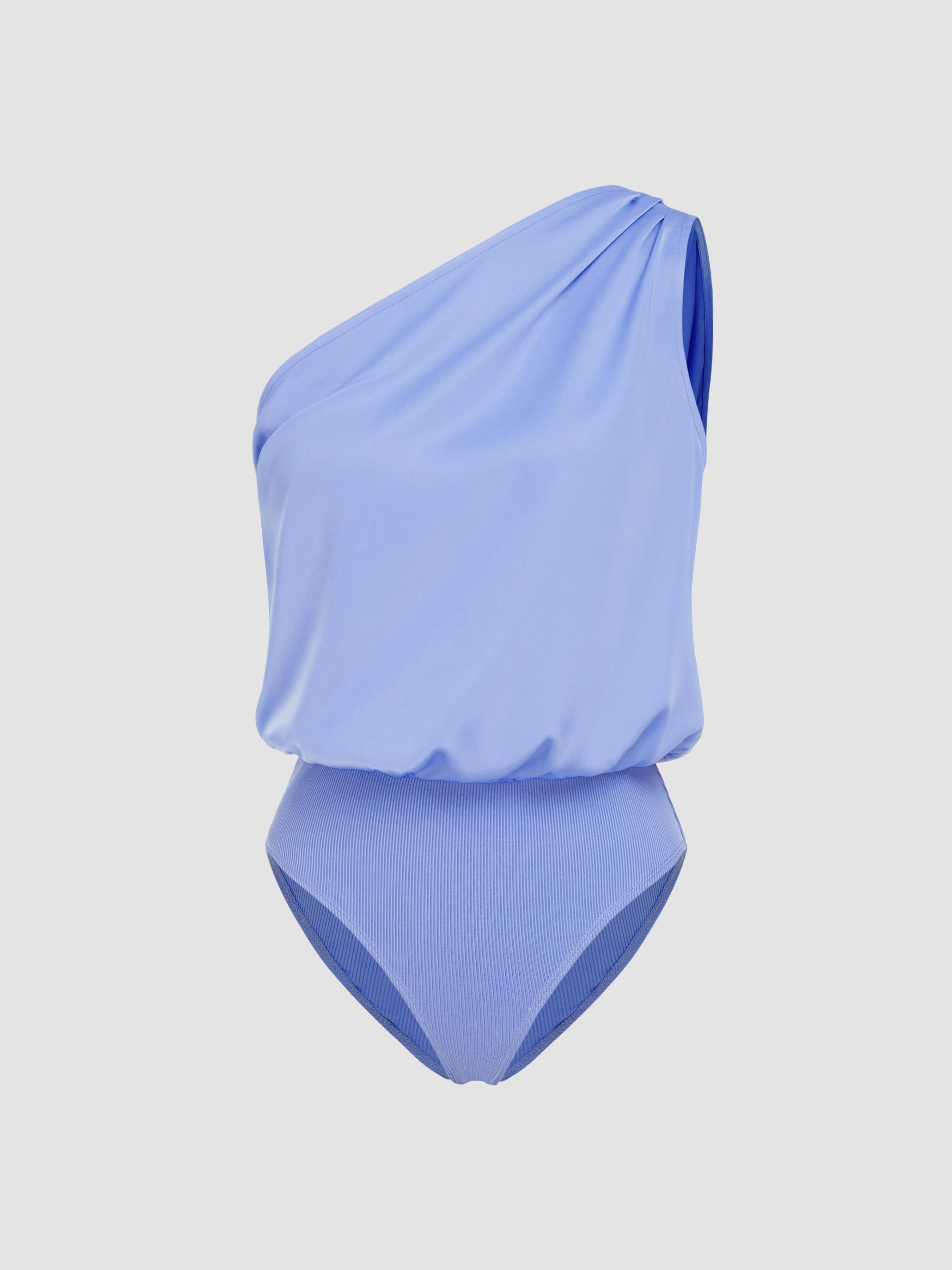 Satin Asymmetrical Neck Solid Bodysuit by CIDER