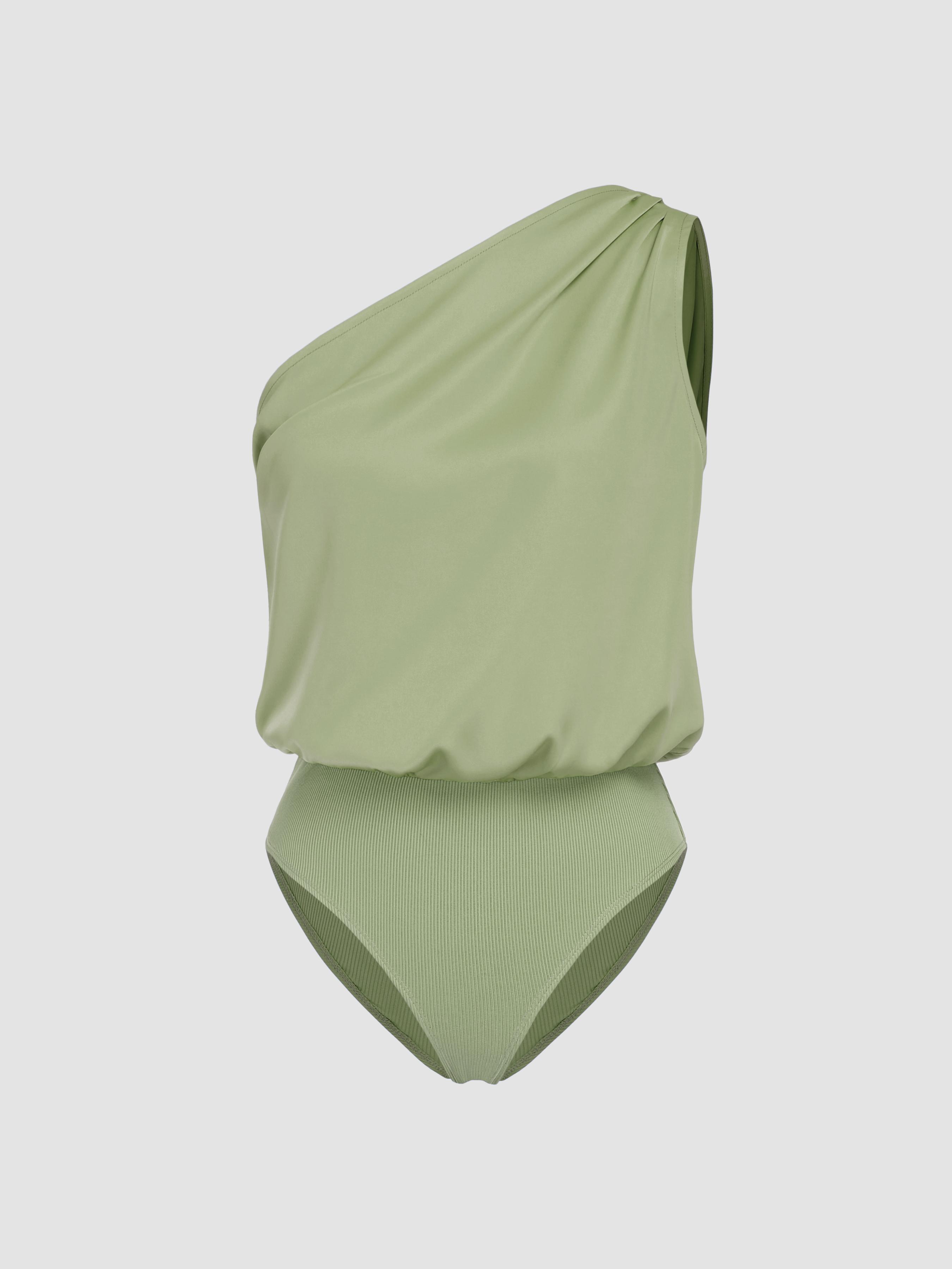 Satin Asymmetrical Neck Solid Bodysuit by CIDER