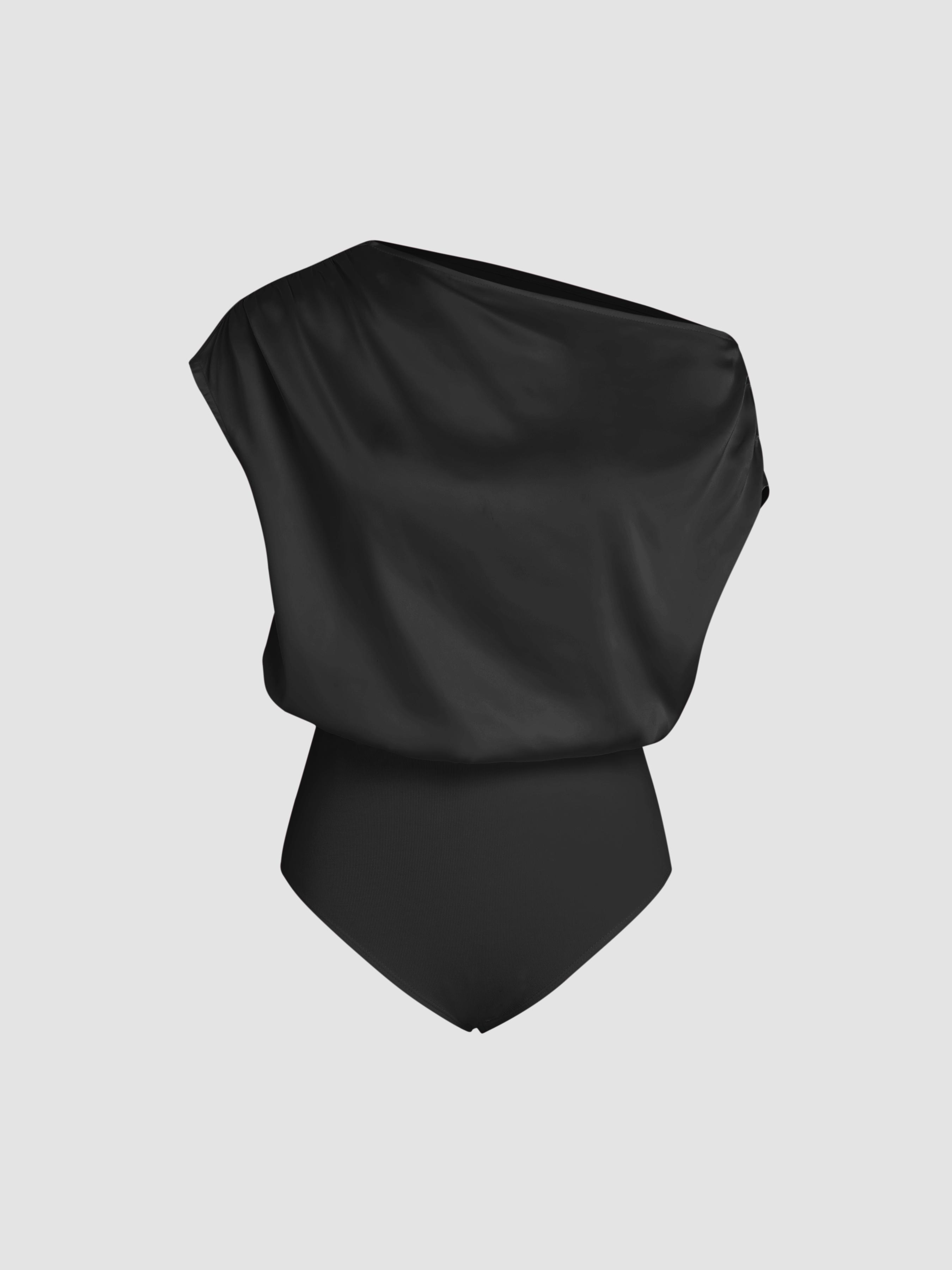 Satin Asymmetrical Neck Solid Ruched Bodysuit by CIDER