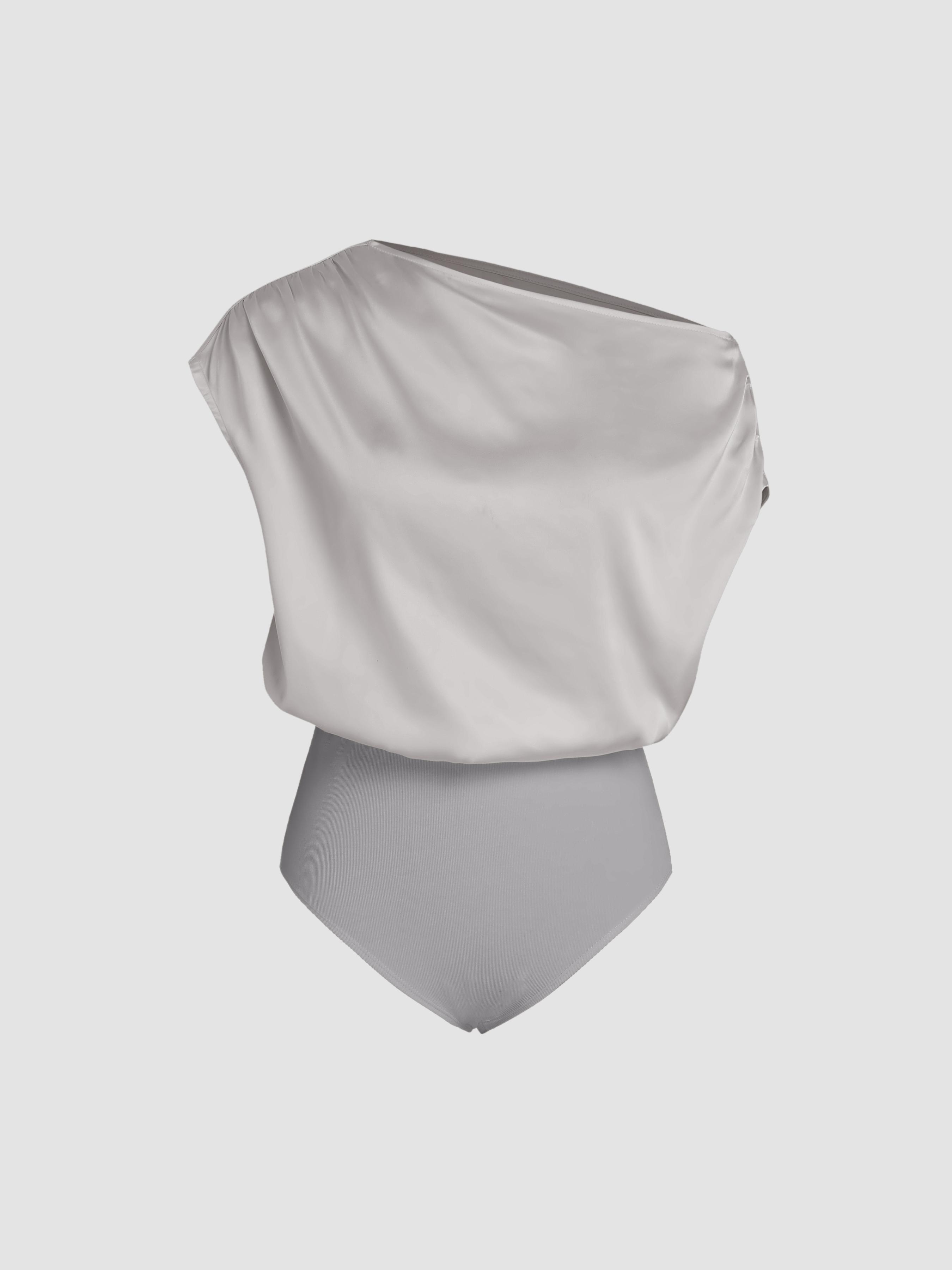 Satin Asymmetrical Neck Solid Ruched Bodysuit by CIDER