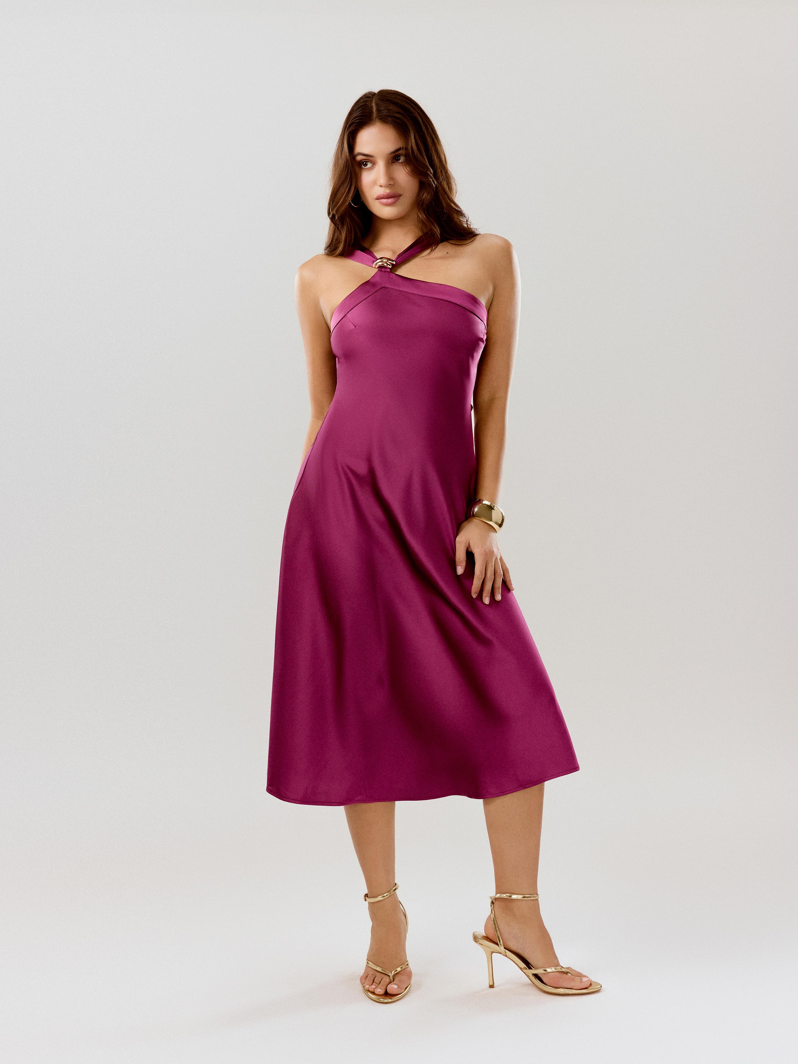 Satin Asymmetrical Neck Wrap Metal Detail Flared Maxi Dress by CIDER