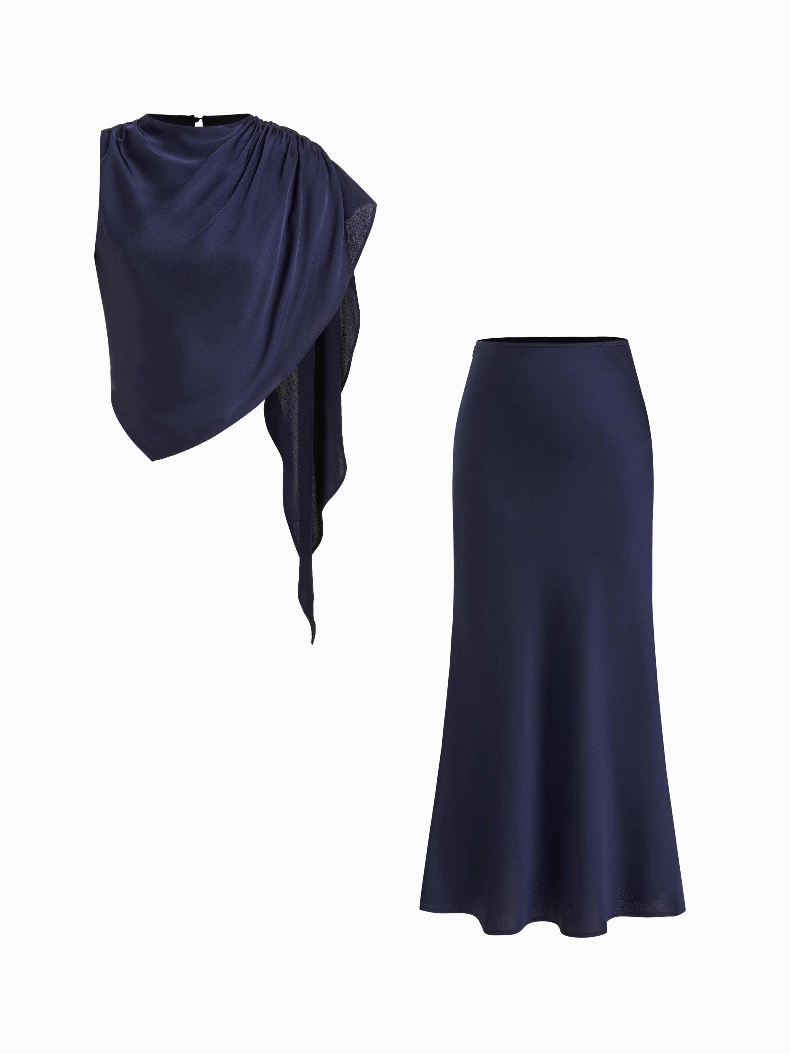 Satin Asymmetrical Ruched Cropped Top & Zipper Mermaid Maxi Skirt Set by CIDER