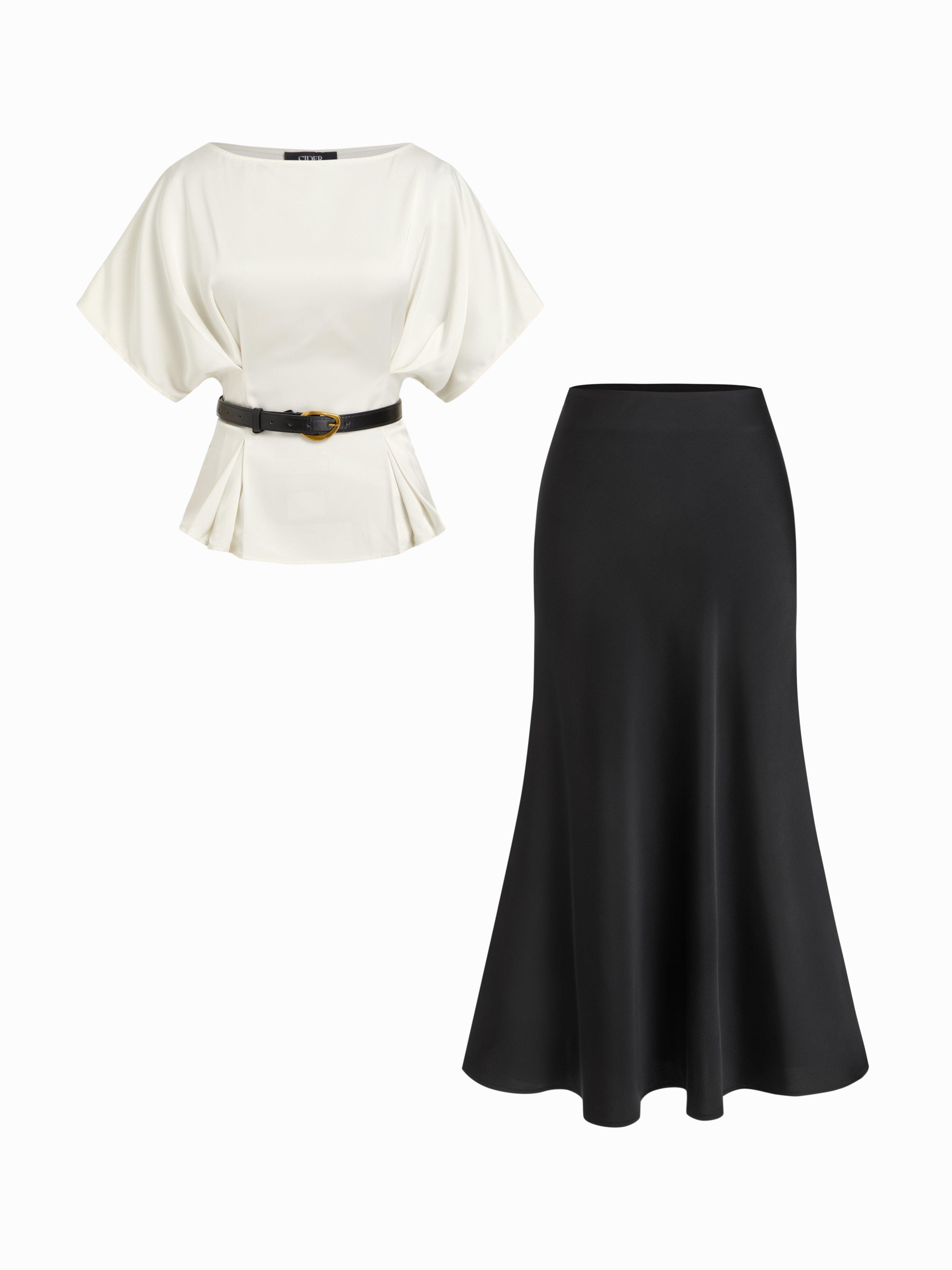 Satin Batwing Sleeve Top & Mid Rise Mermaid Skirt Set with Belt by CIDER