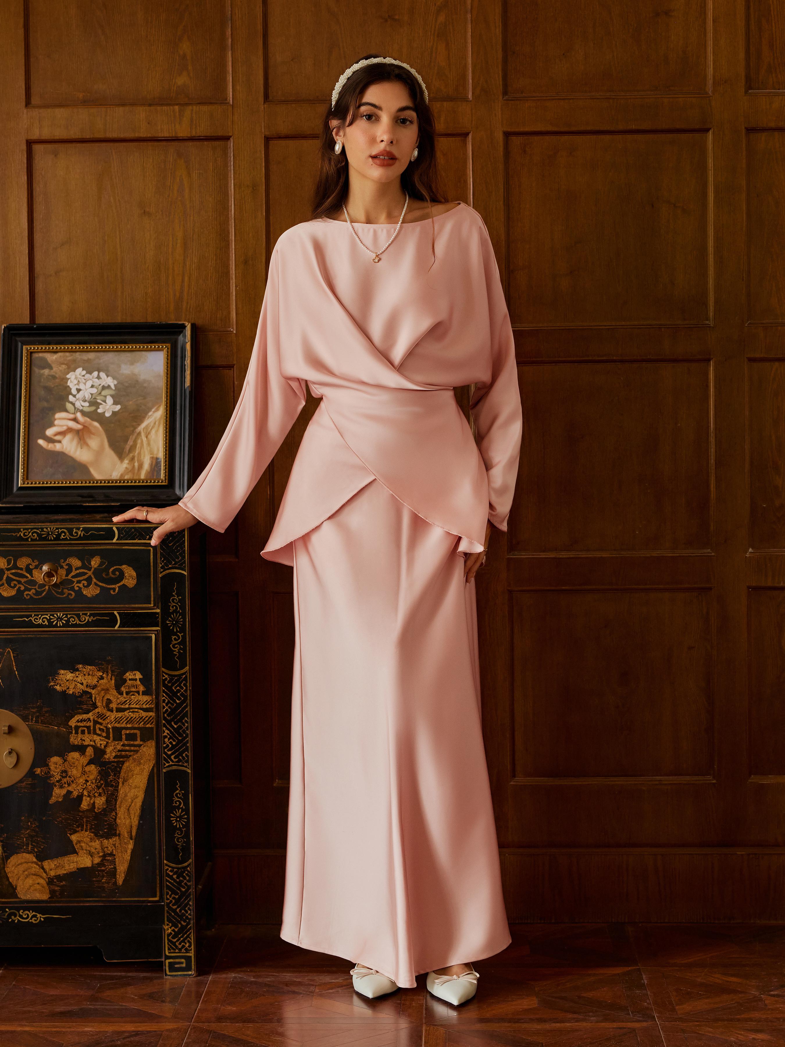 Satin Boat Neck Asymmetrical Hem Top & Maxi Skirt Set by CIDER