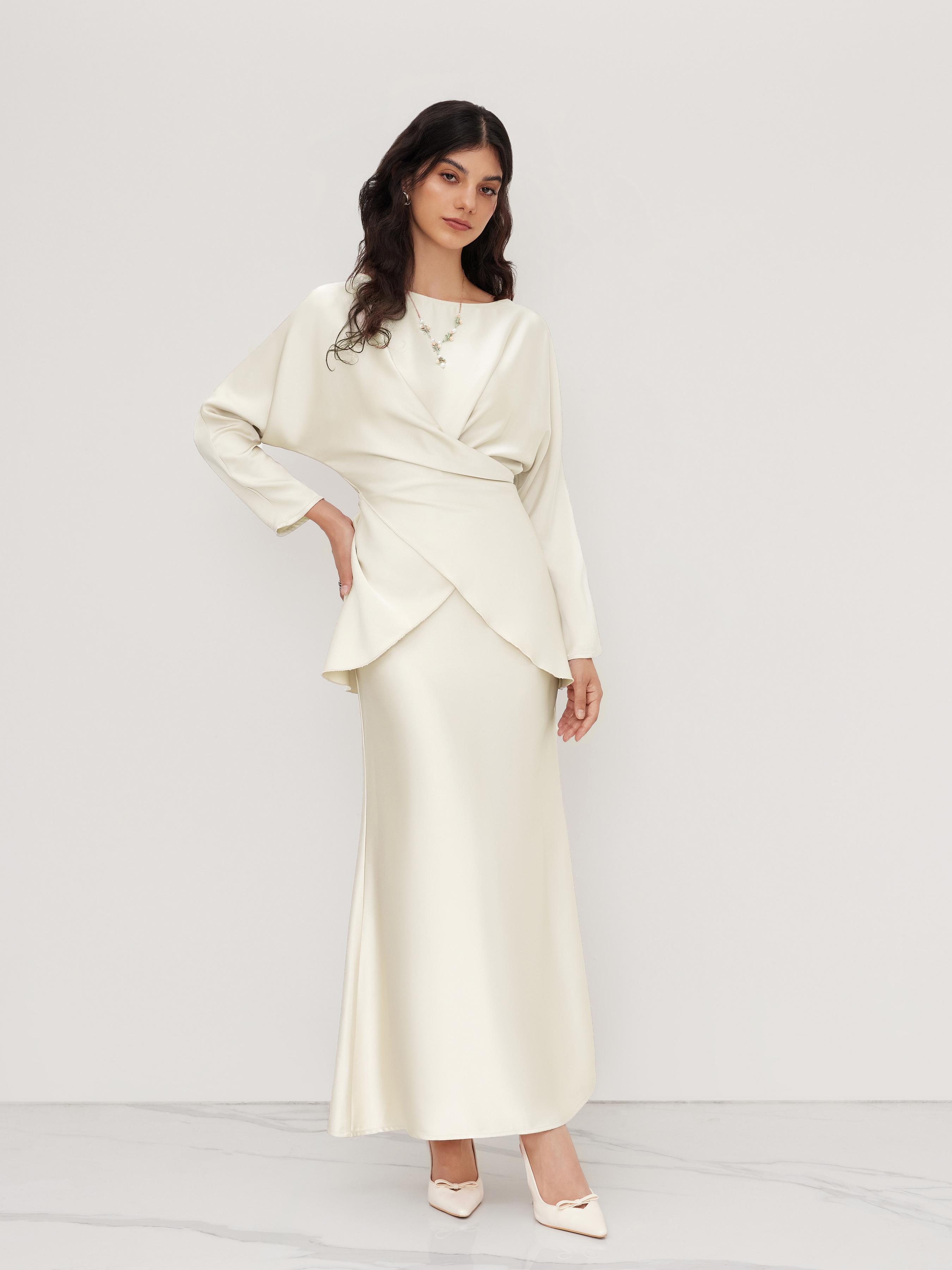 Satin Boat Neck Asymmetrical Hem Top & Maxi Skirt Set by CIDER