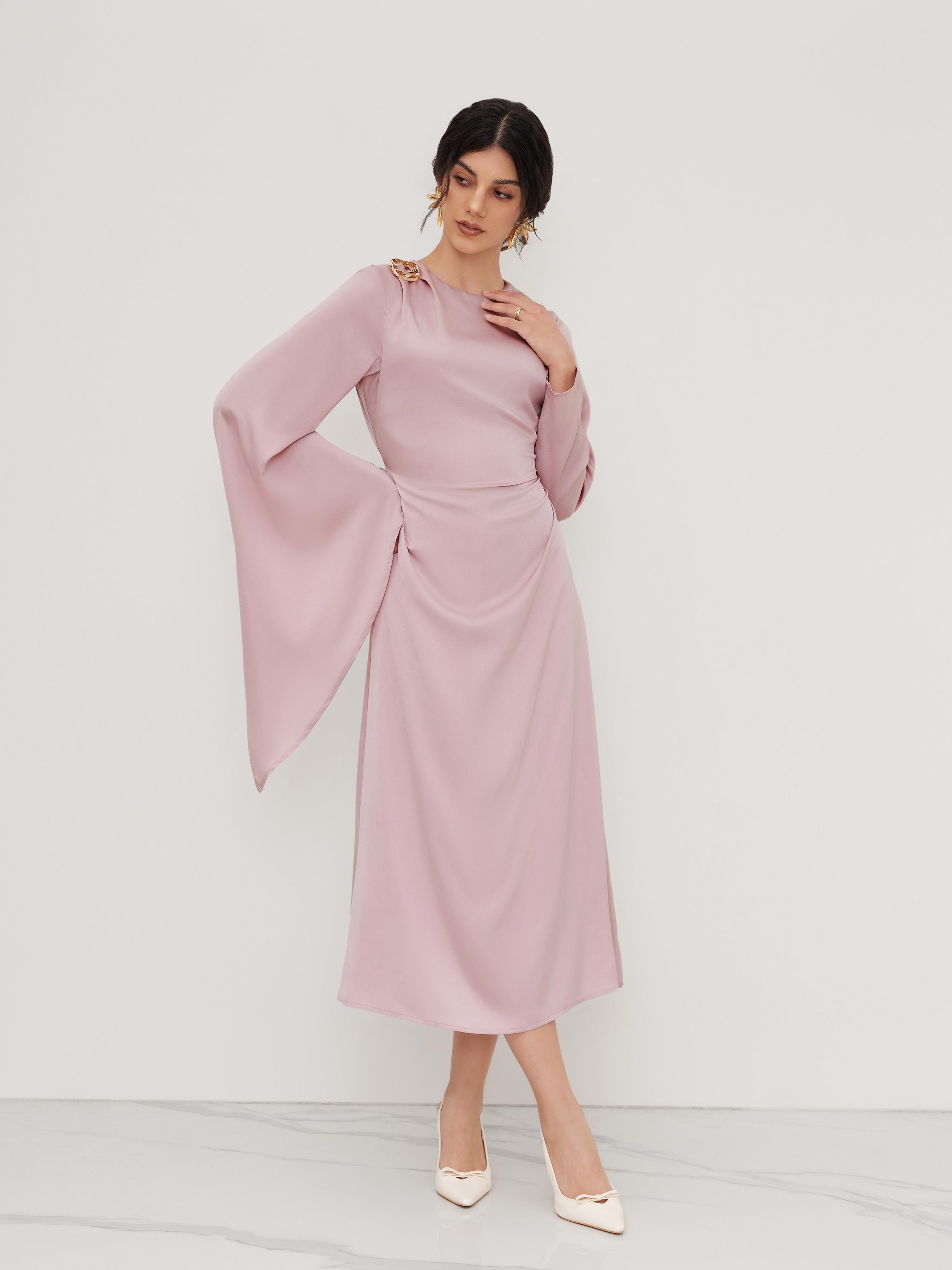 Satin Boat Neck Asymmetrical Sleeve Ruched Metal Detail Maxi Dress by CIDER