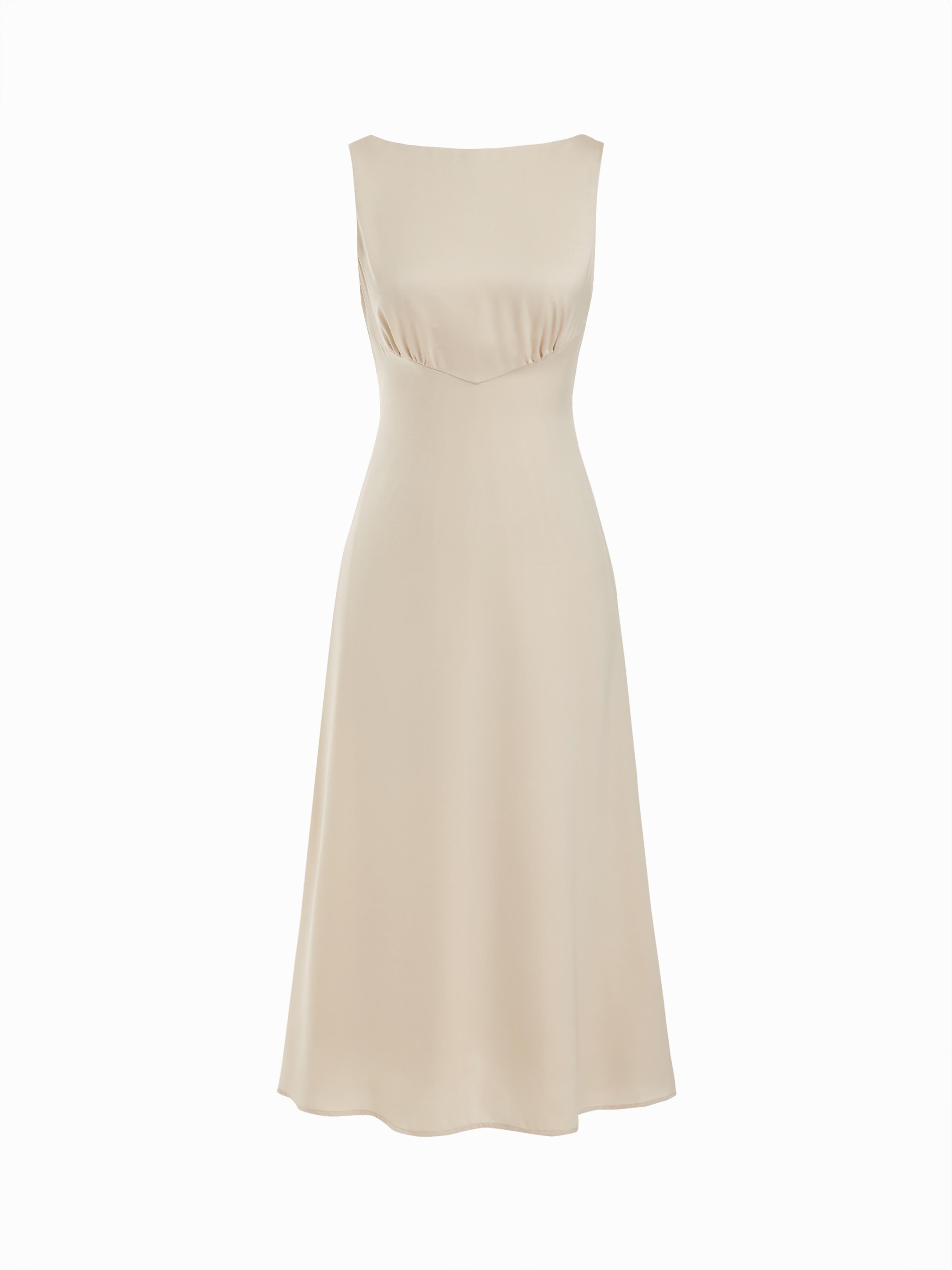 Satin Boat Neck Backless Bowknot Ruched A-line Midi Dress by CIDER