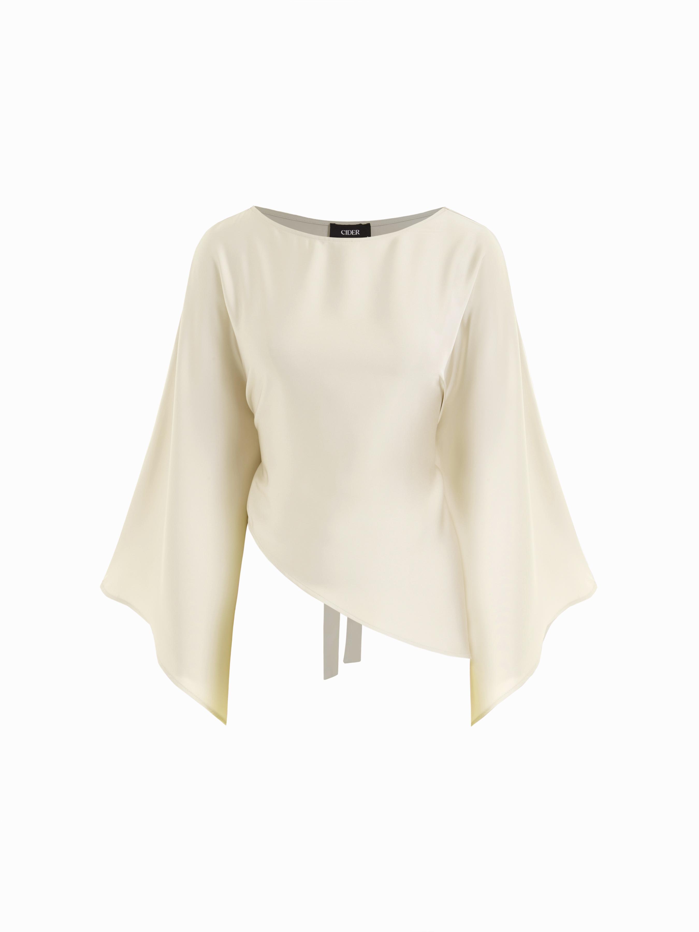 Satin Boat Neck Bell Sleeve Asymmetrical Blouse by CIDER