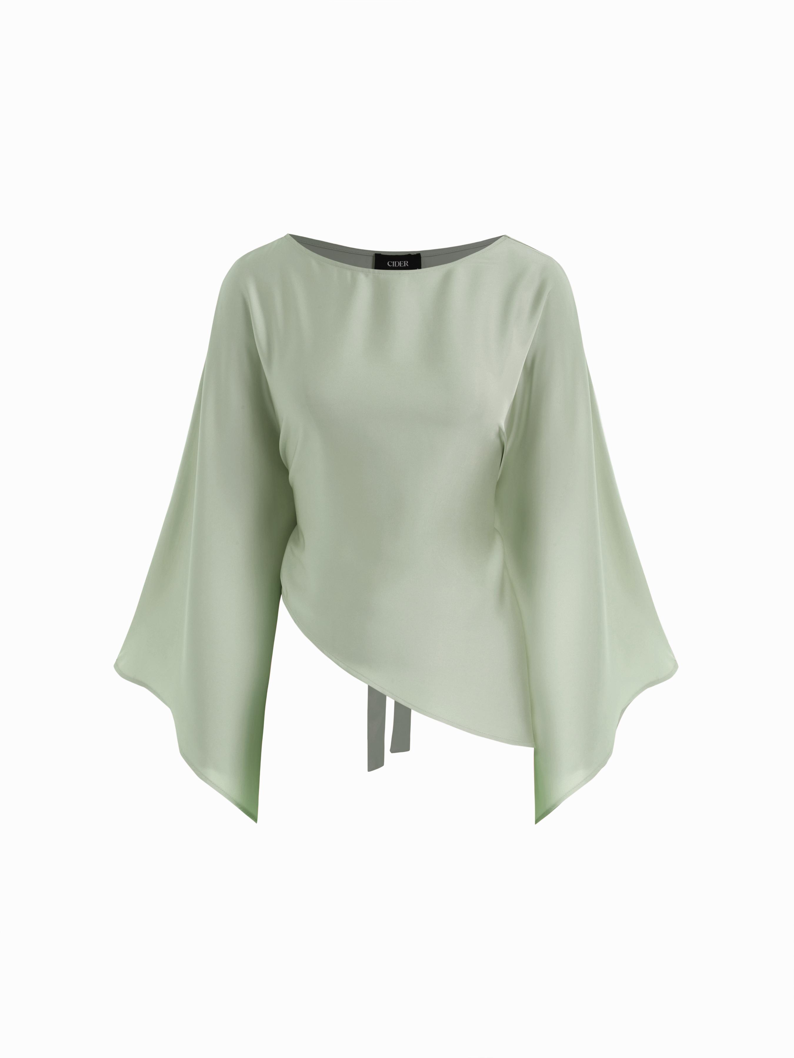 Satin Boat Neck Bell Sleeve Asymmetrical Blouse by CIDER