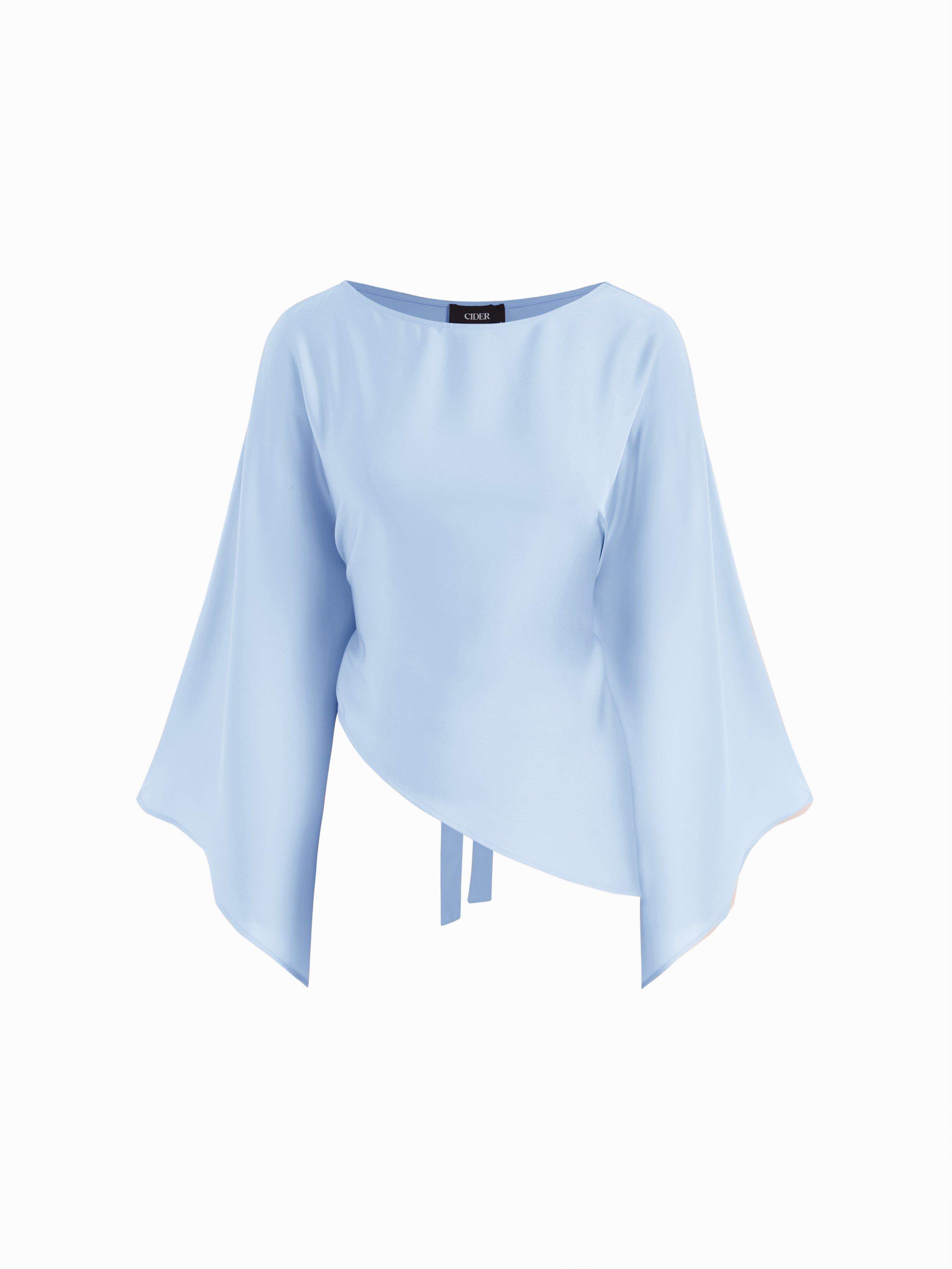 Satin Boat Neck Bell Sleeve Asymmetrical Blouse by CIDER