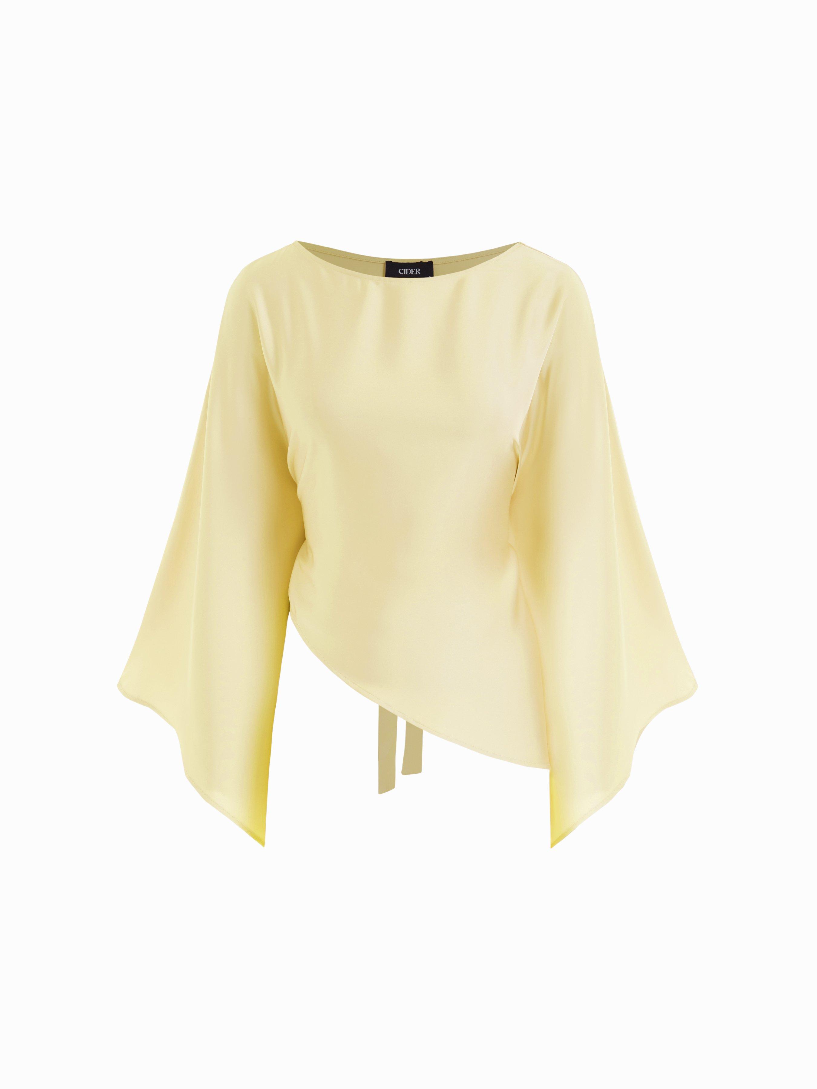 Satin Boat Neck Bell Sleeve Asymmetrical Blouse by CIDER