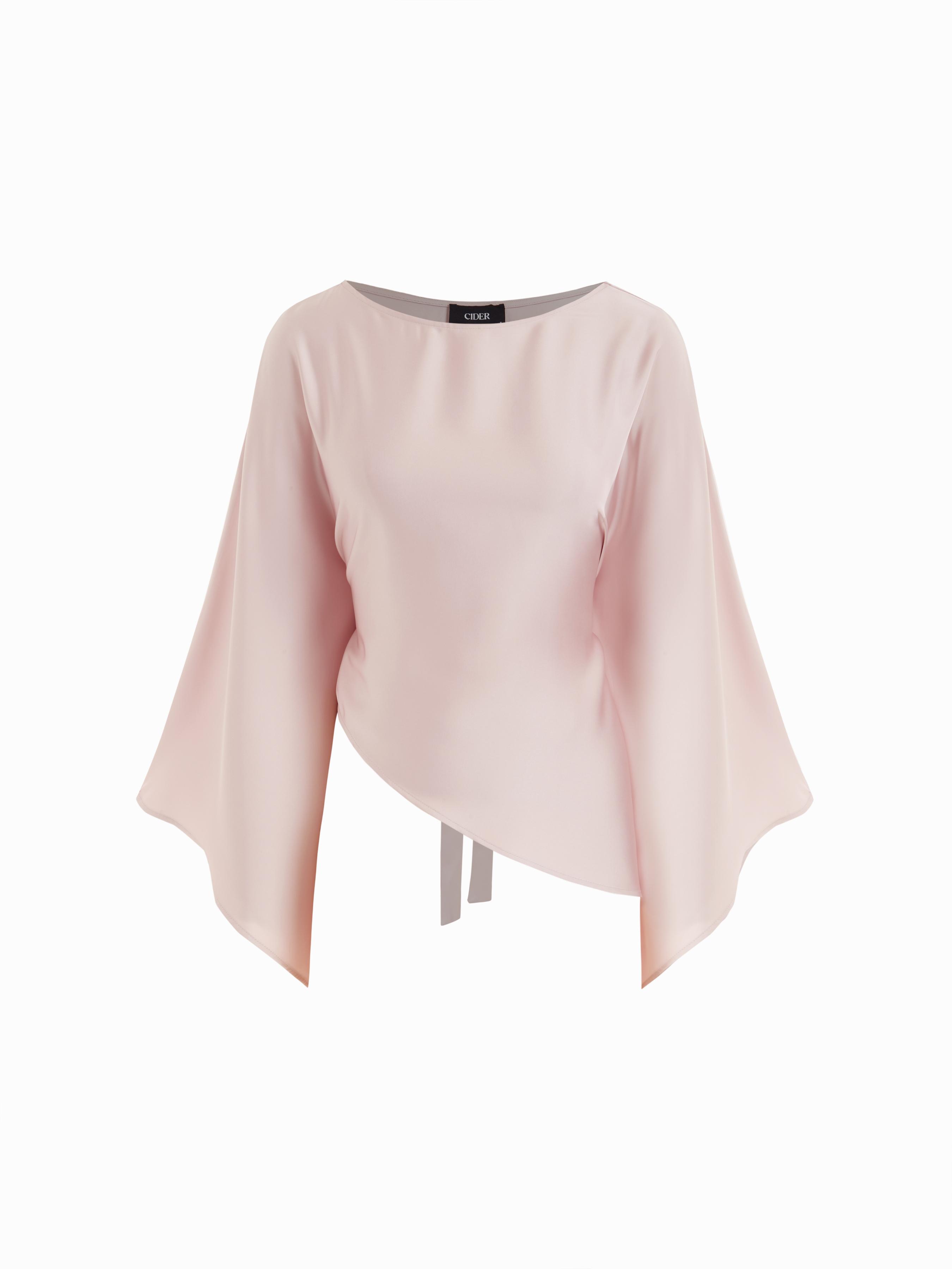 Satin Boat Neck Bell Sleeve Asymmetrical Blouse by CIDER