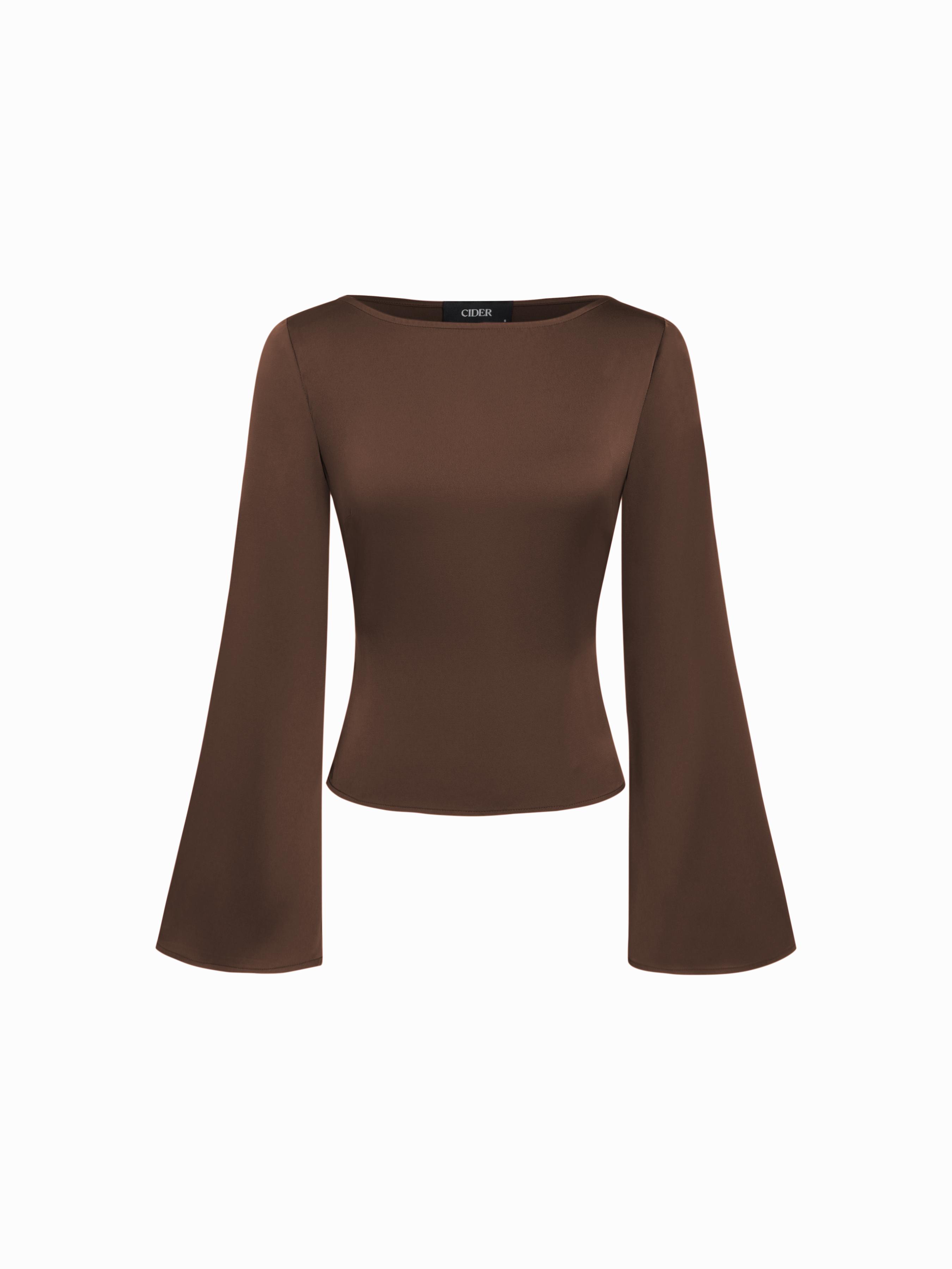Satin Boat Neck Bell Sleeve Blouse by CIDER
