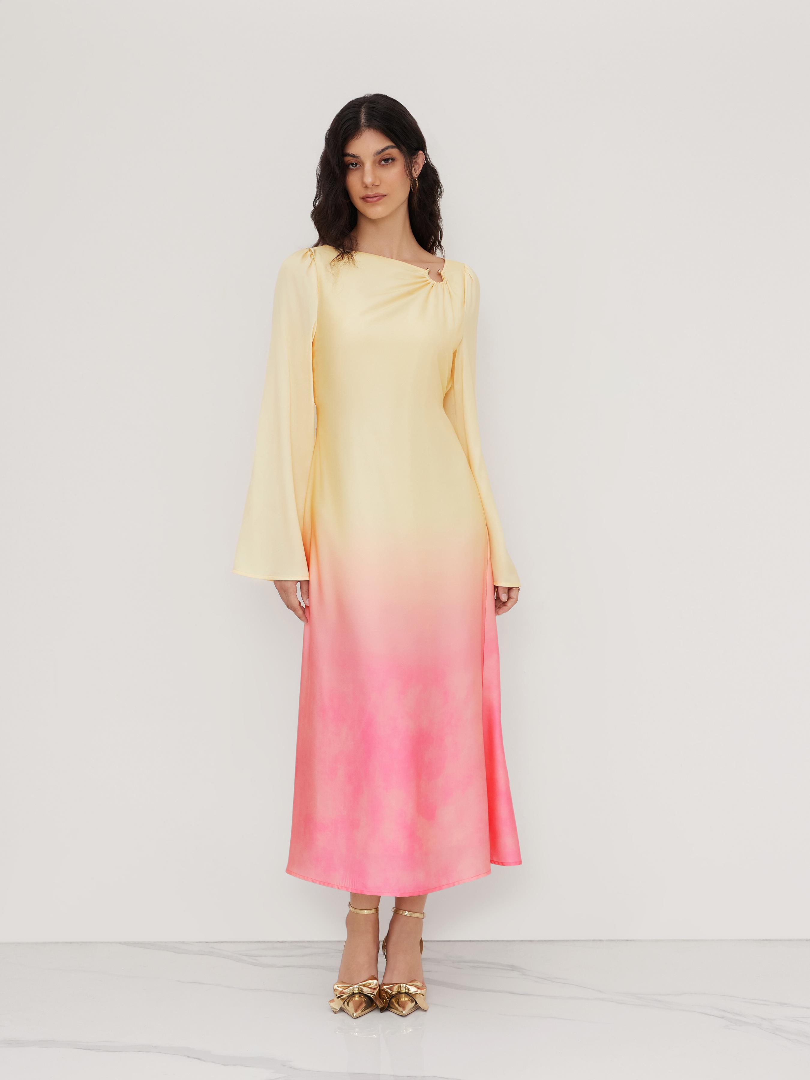 Satin Boat Neck Pierced Gradient Maxi Dress by CIDER