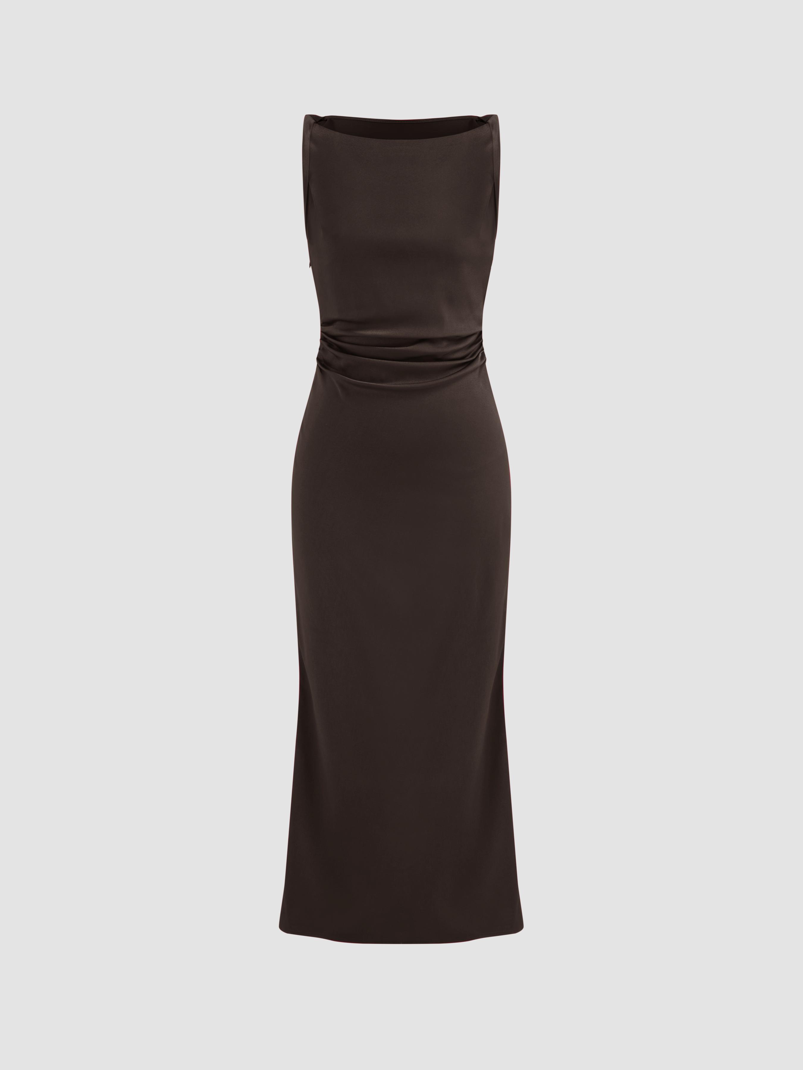 Satin Boat Neck Ruched Maxi Dress by CIDER
