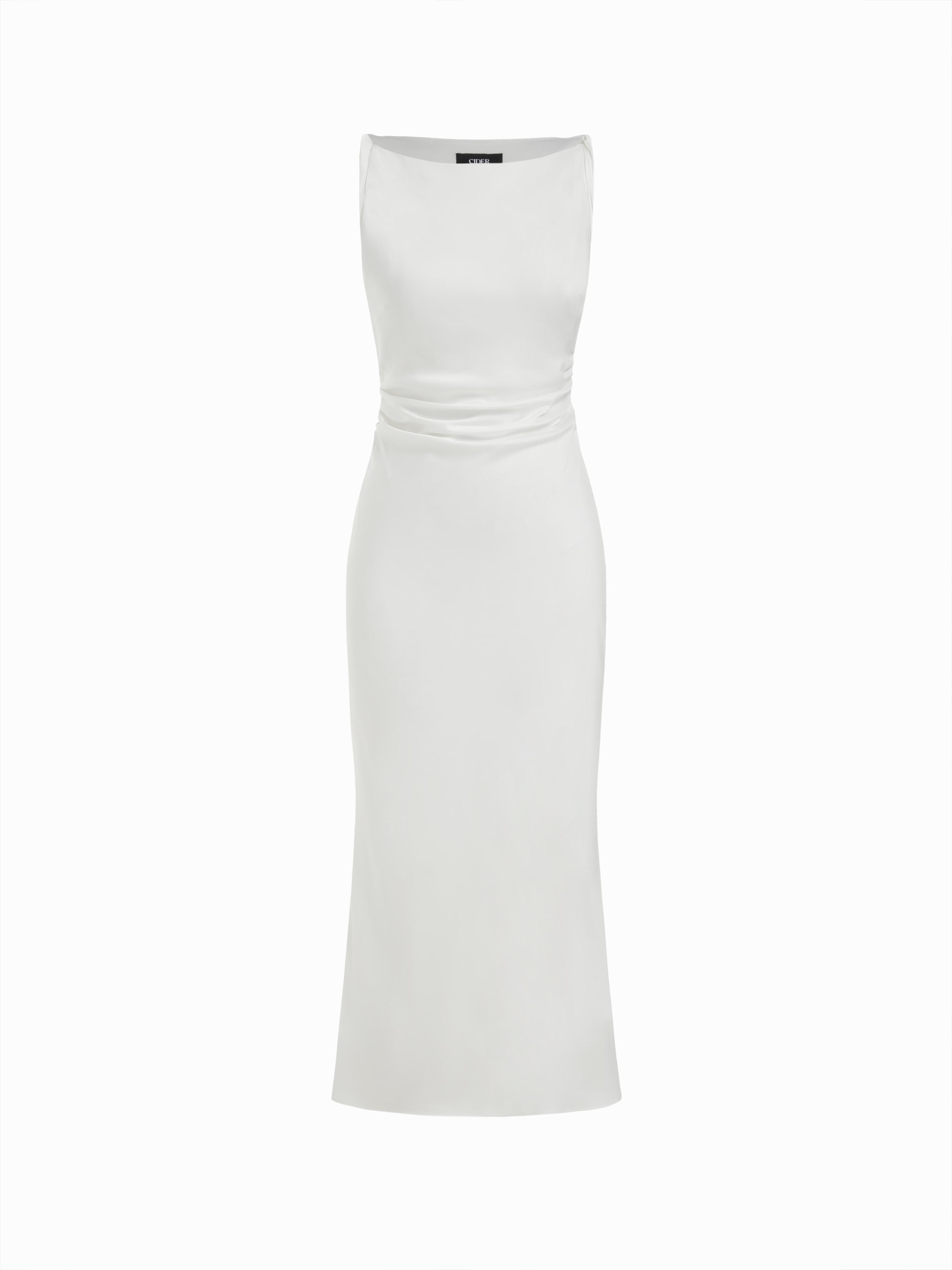 Satin Boat Neck Ruched Maxi Dress by CIDER