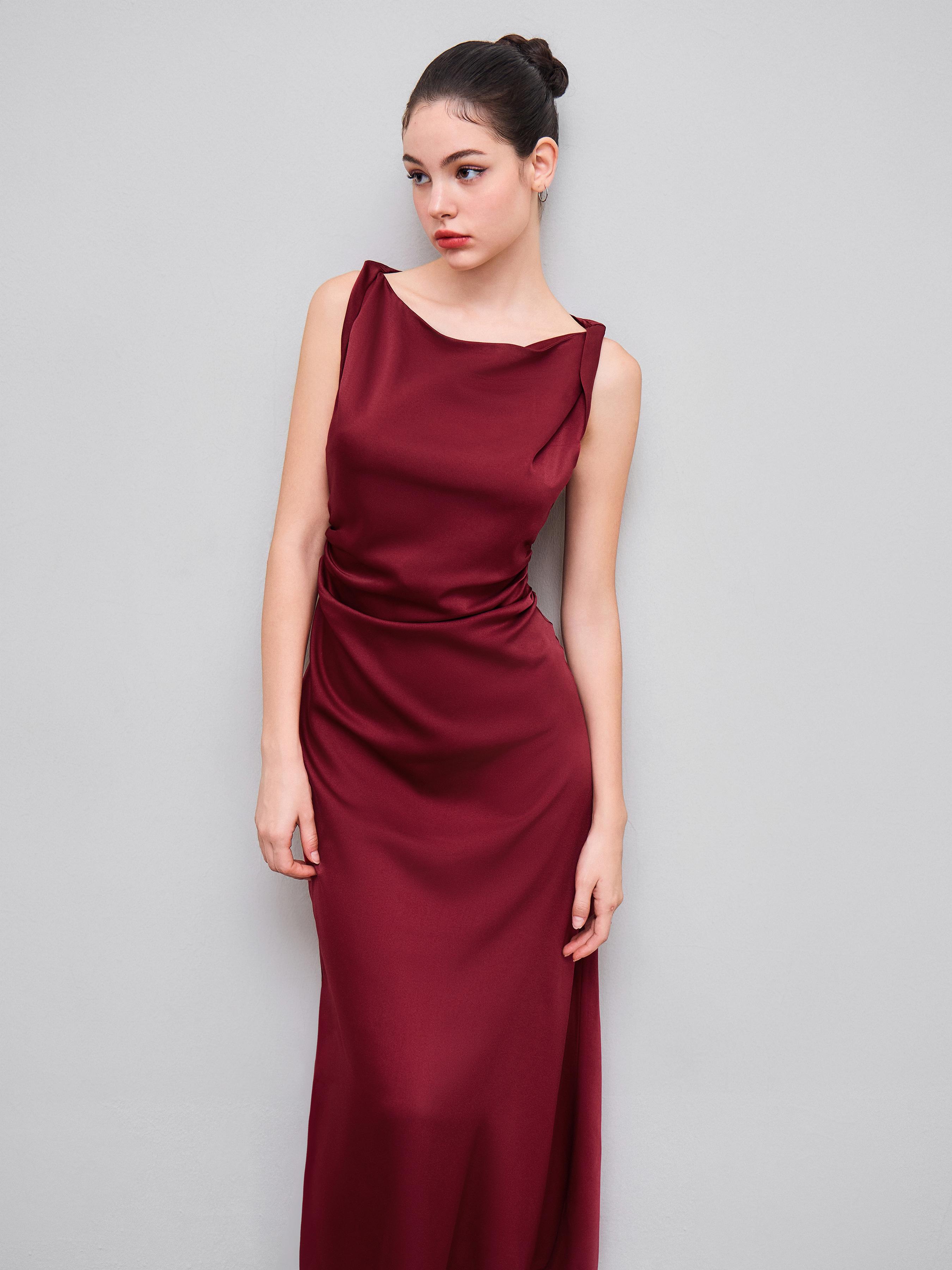 Satin Boat Neck Ruched Maxi Dress by CIDER
