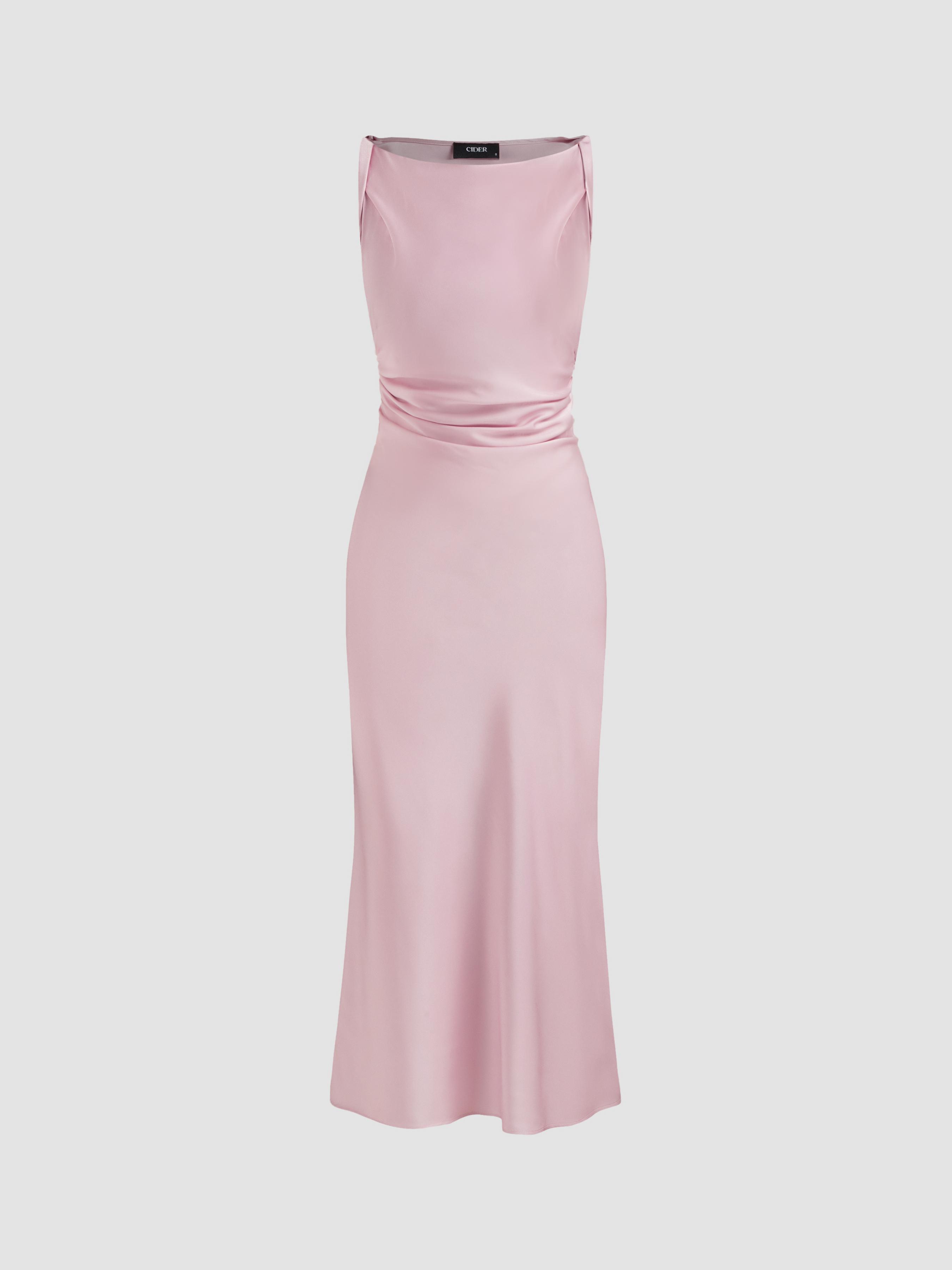 Satin Boat Neck Ruched Maxi Dress by CIDER