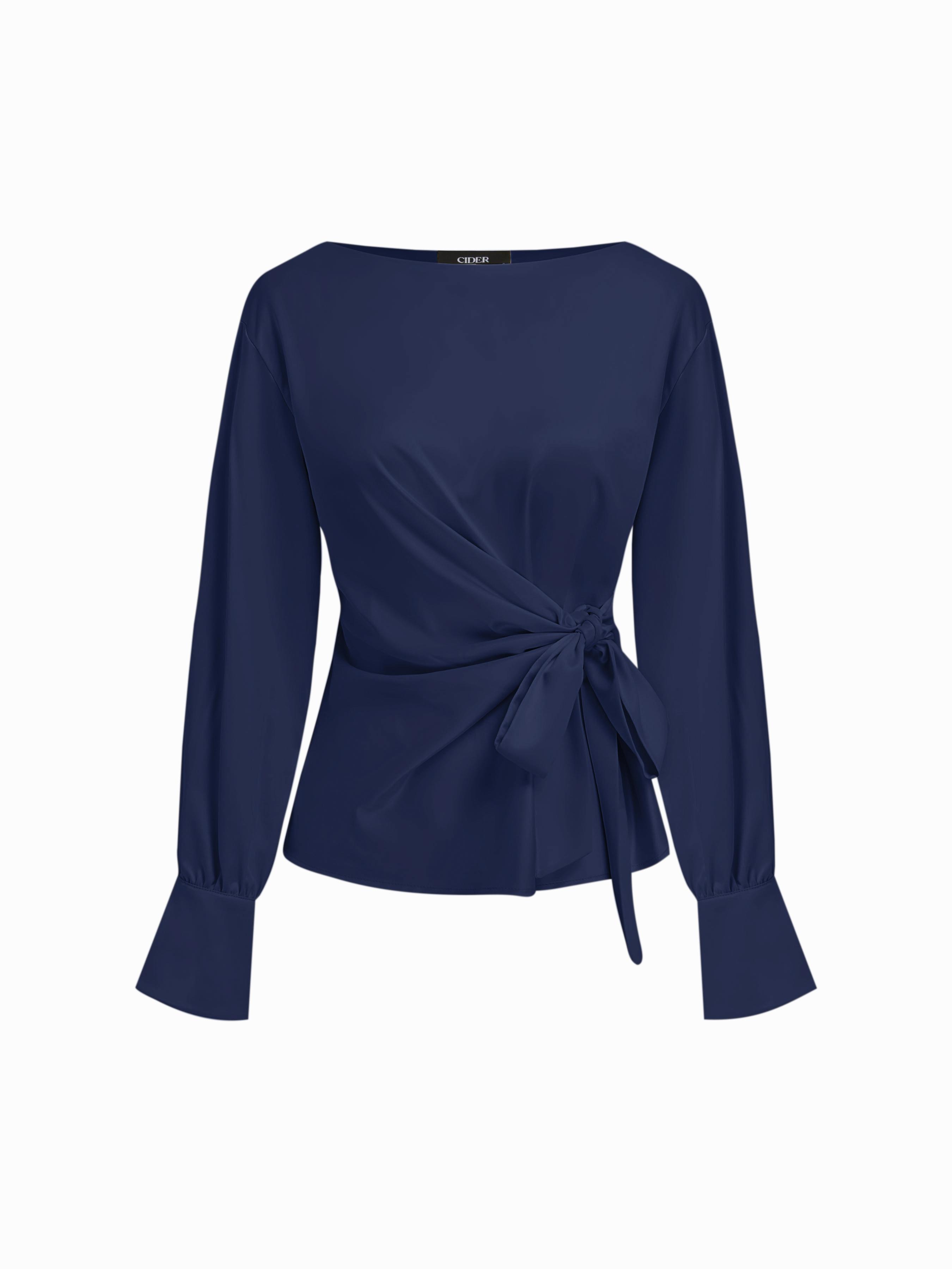 Satin Boat Neck Twist Knotted Blouse by CIDER