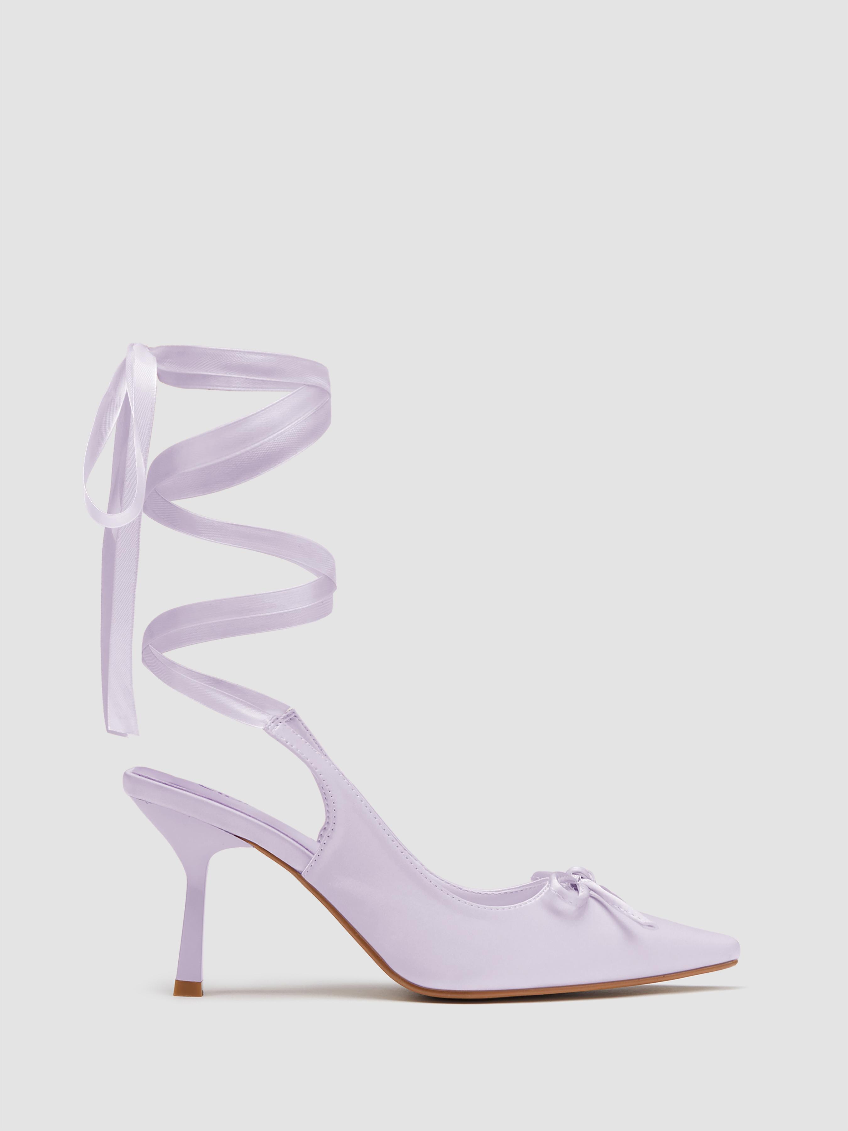 Satin Bowknot Decor Slingback Tie Leg Heels by CIDER
