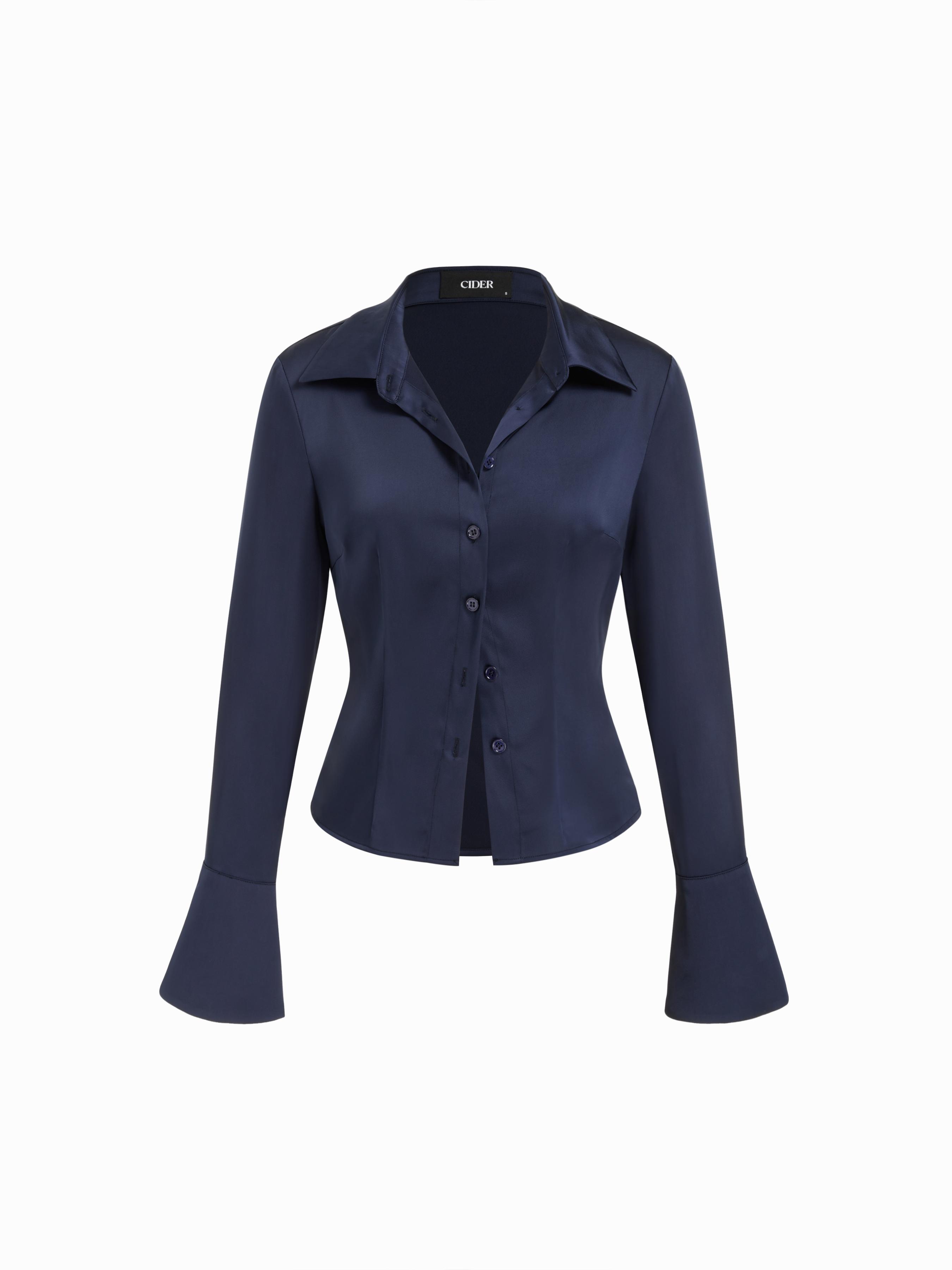 Satin Collar Button Long Bell Sleeve Shirt by CIDER