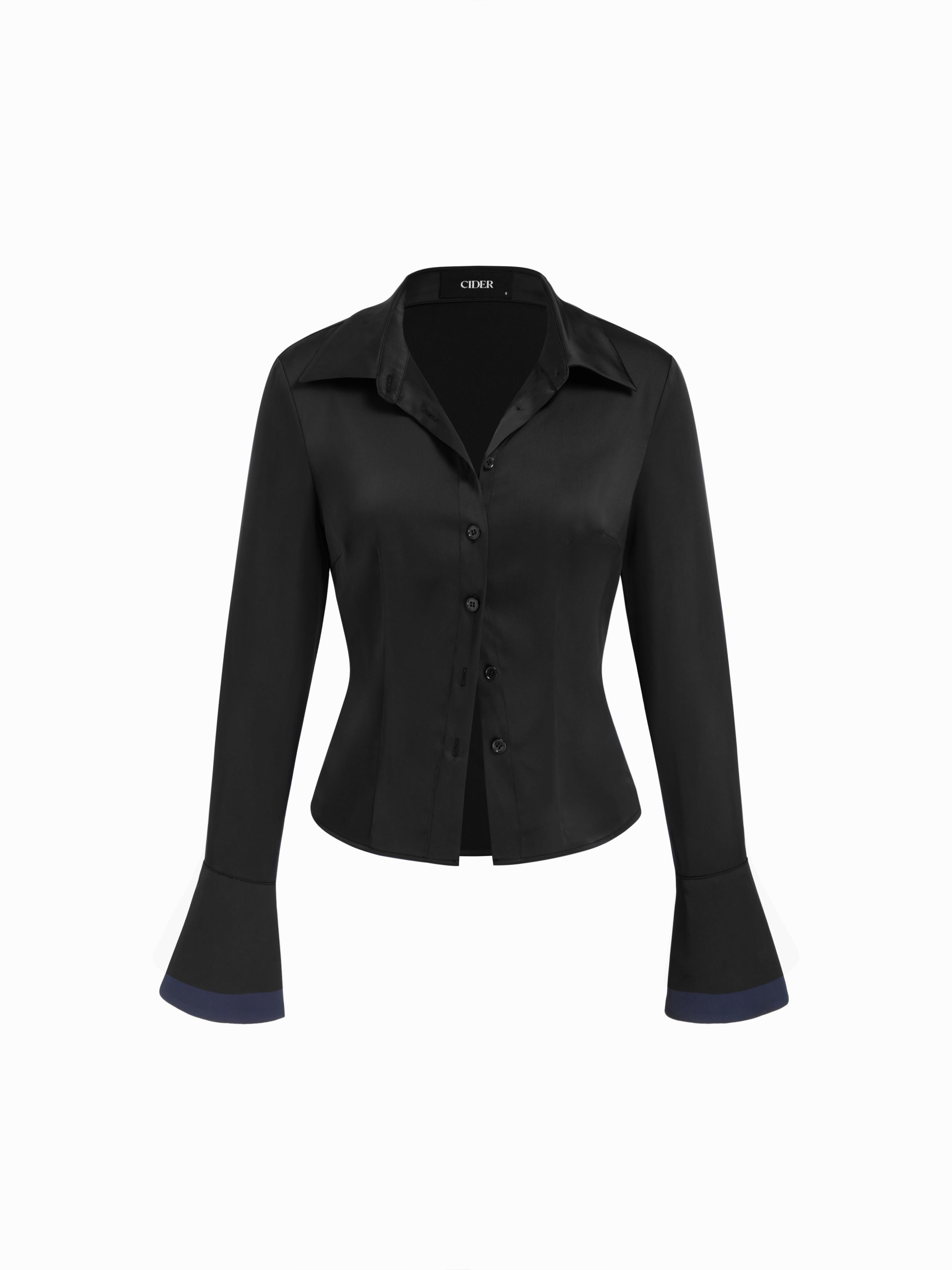 Satin Collar Button Long Bell Sleeve Shirt by CIDER