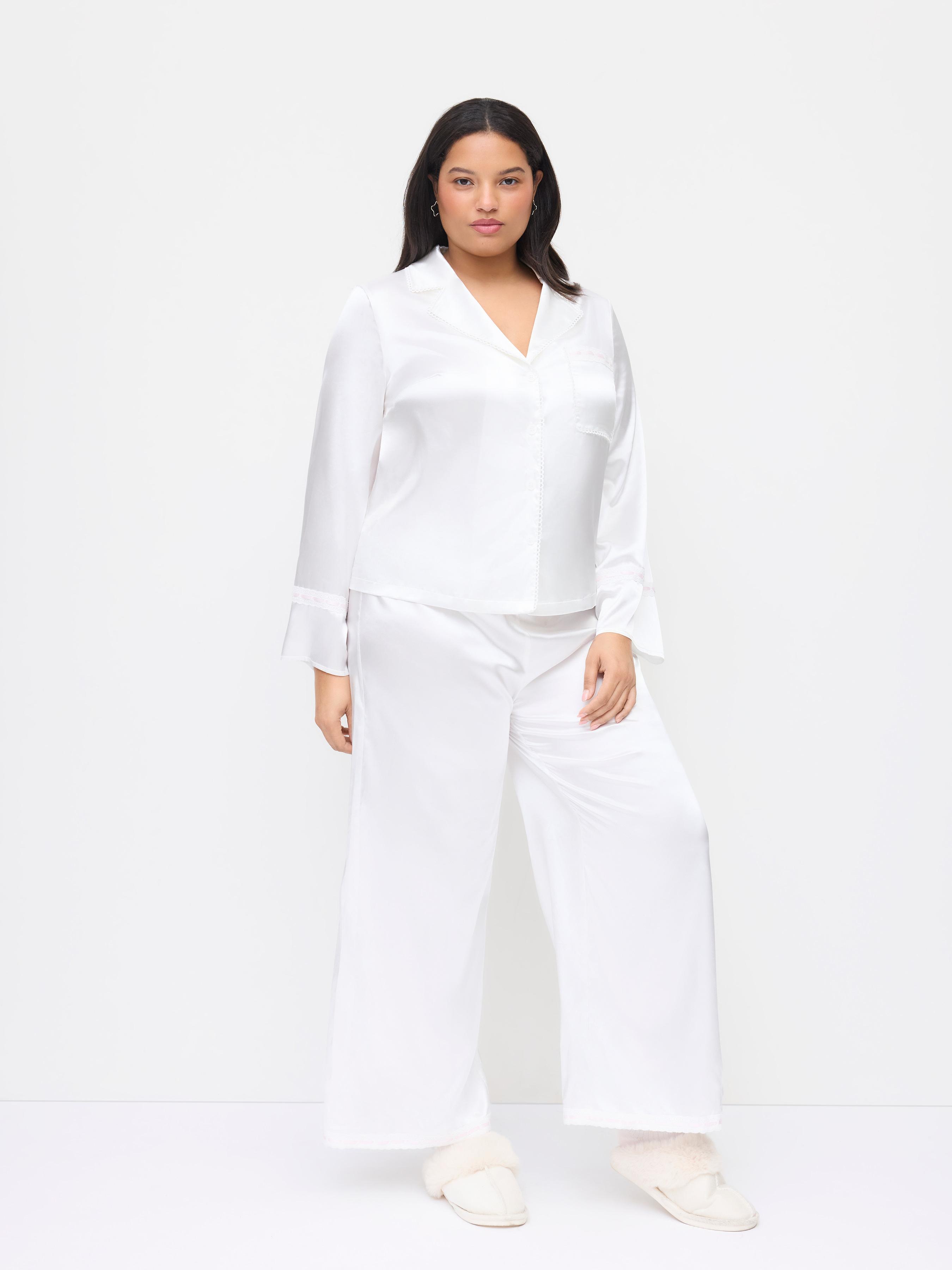 Satin Collar Lace Oversized Top & High Rise Wide Leg Trousers Loungewear Set by CIDER