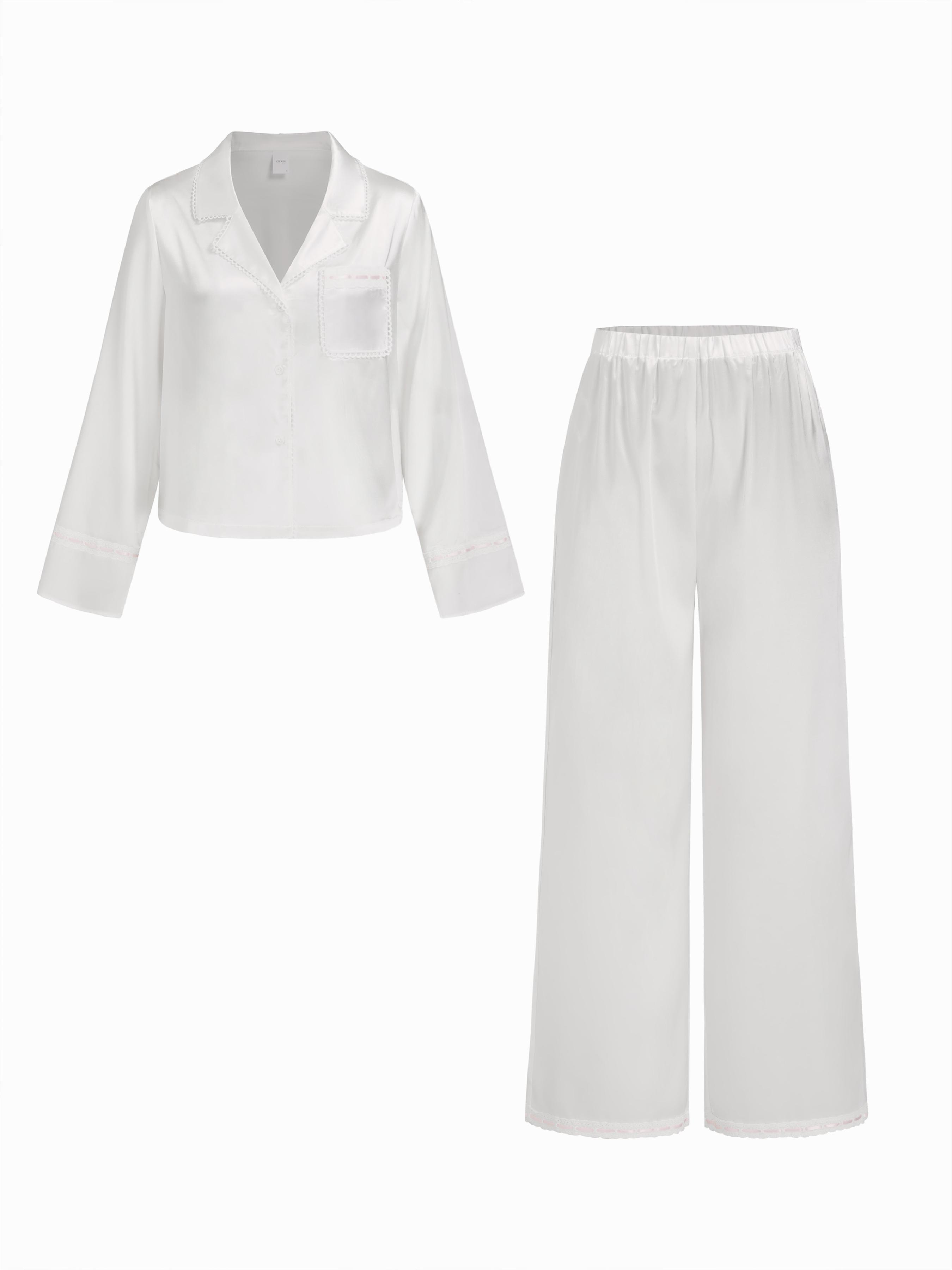 Satin Collar Lace Oversized Top & Mid Rise Straight Leg Trousers Loungewear Set by CIDER