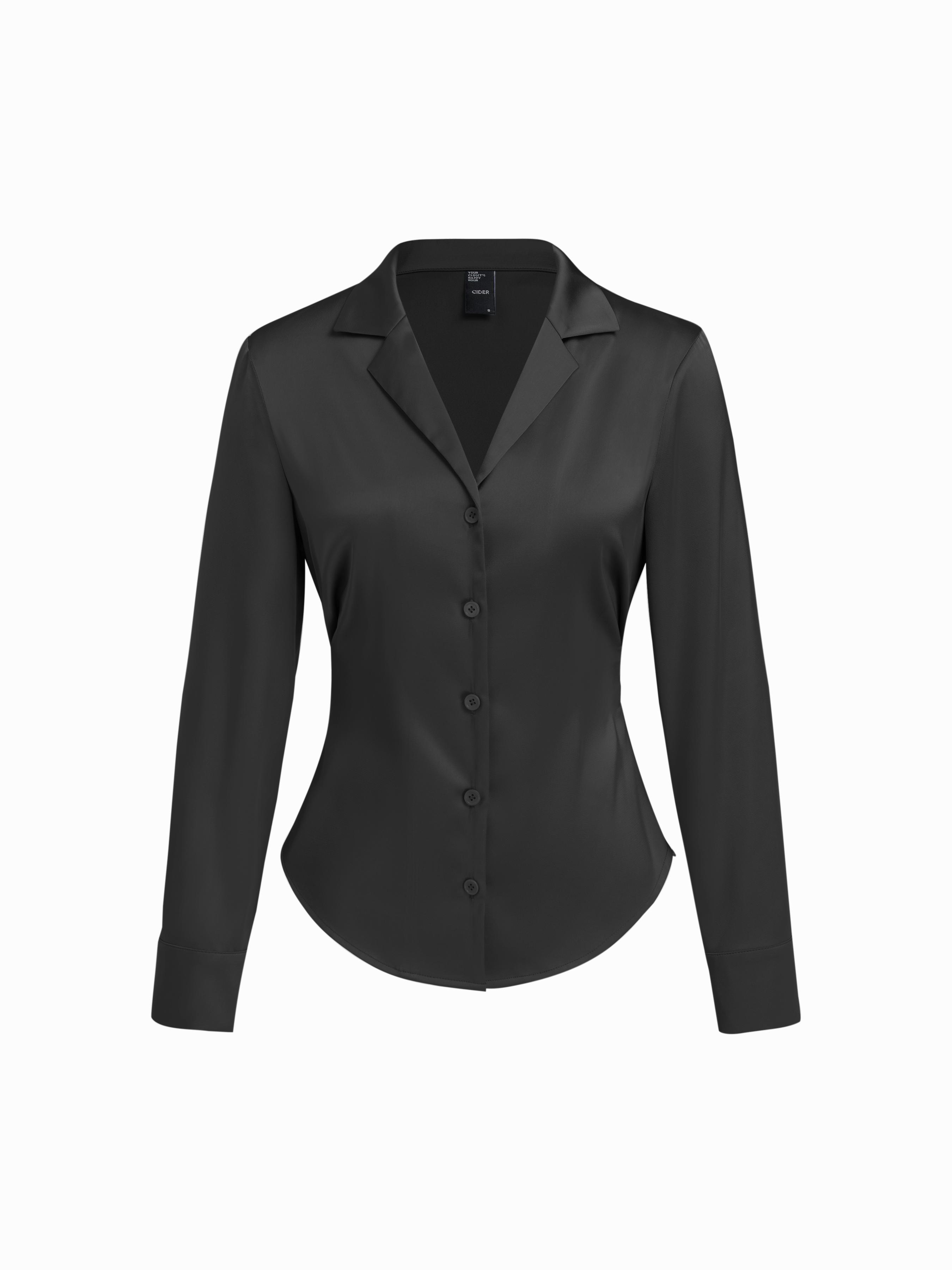 Satin Collar Long Sleeve Curved Hem Cinched Waist Shirt by CIDER