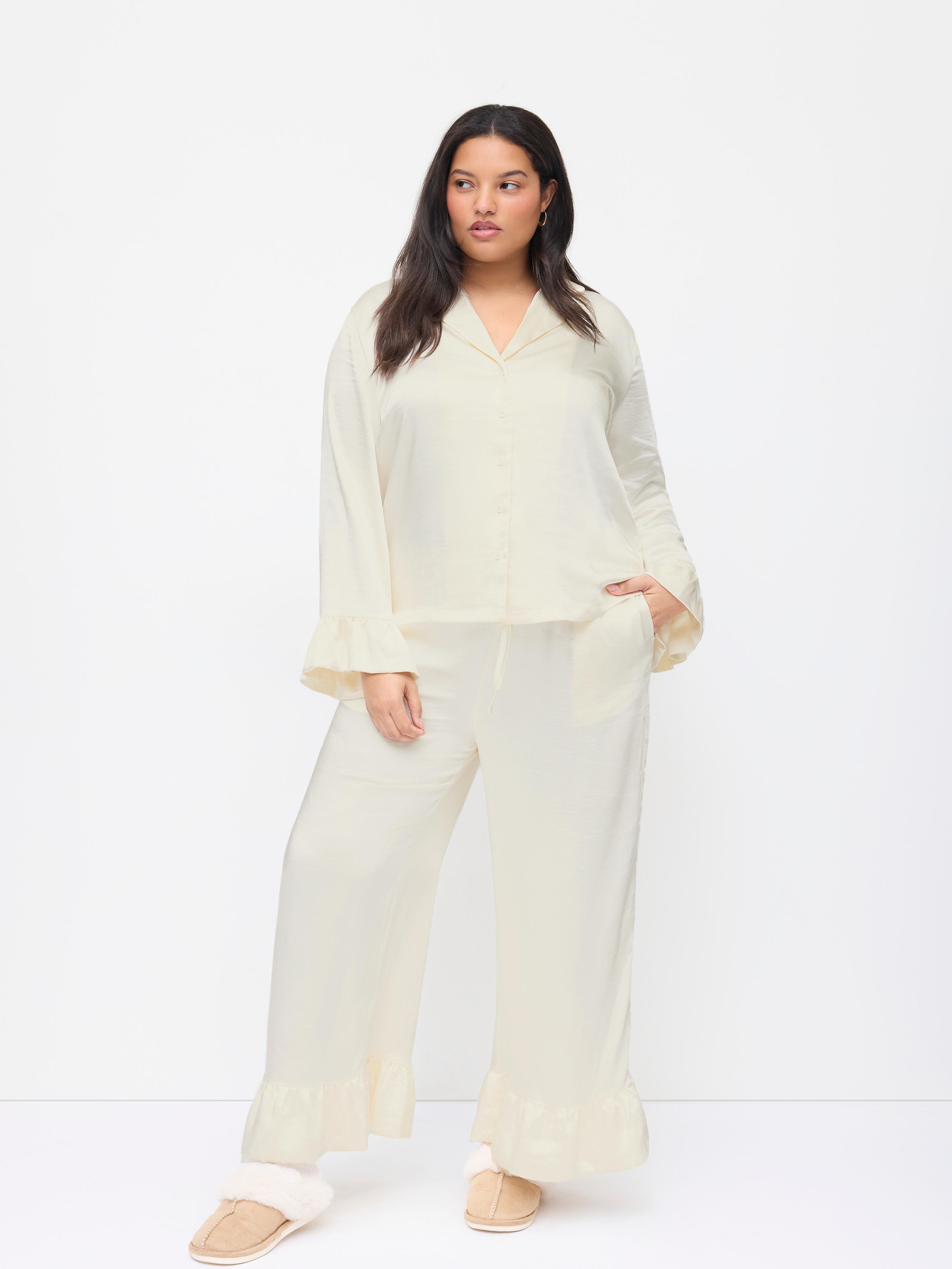 Satin Collar Oversized Top & High Rise Drawstring Wide Leg Trousers Loungewear Set Curve & Plus by CIDER