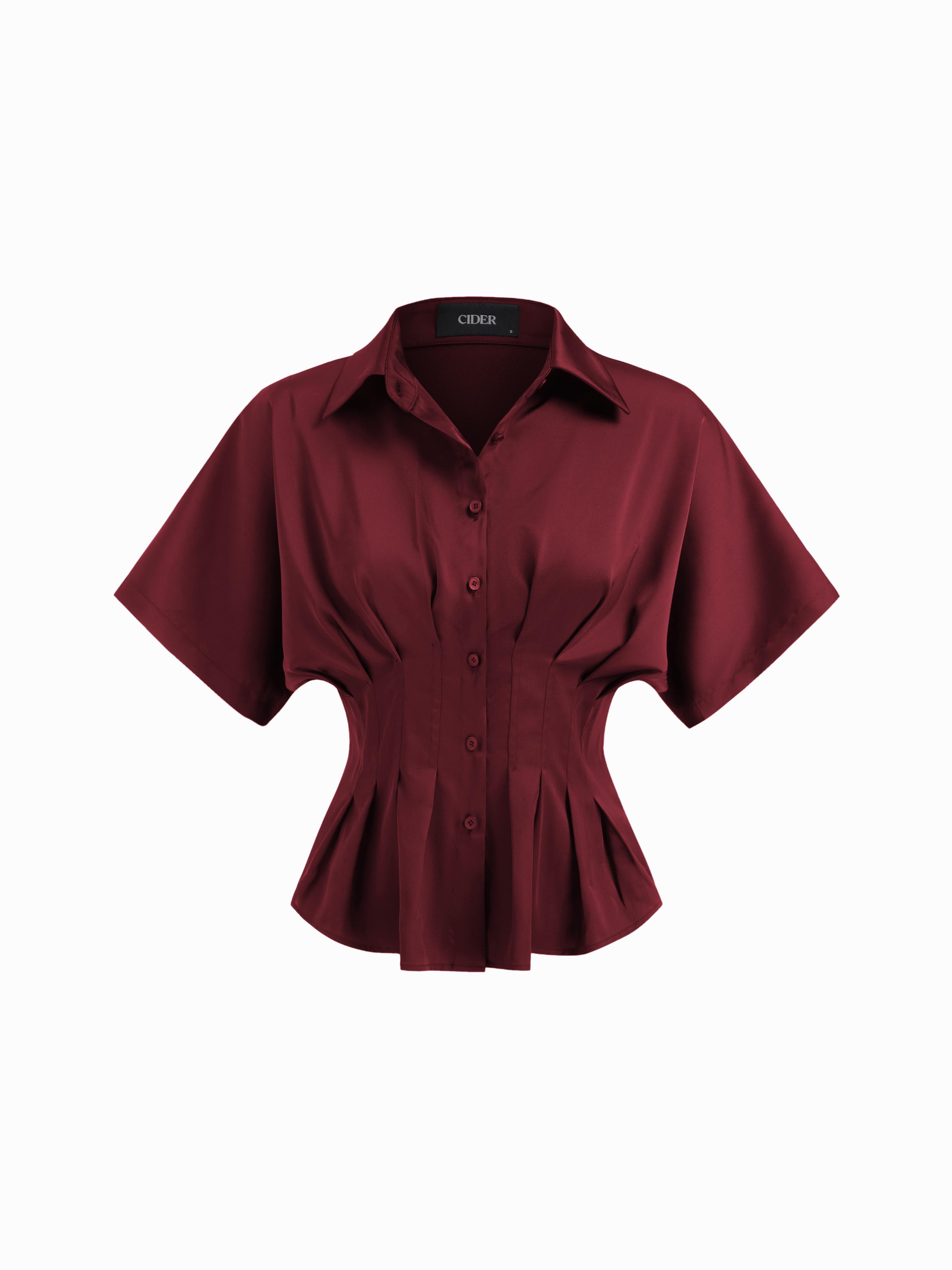 Satin Collar Pleated Cinched Short Sleeve Shirt by CIDER
