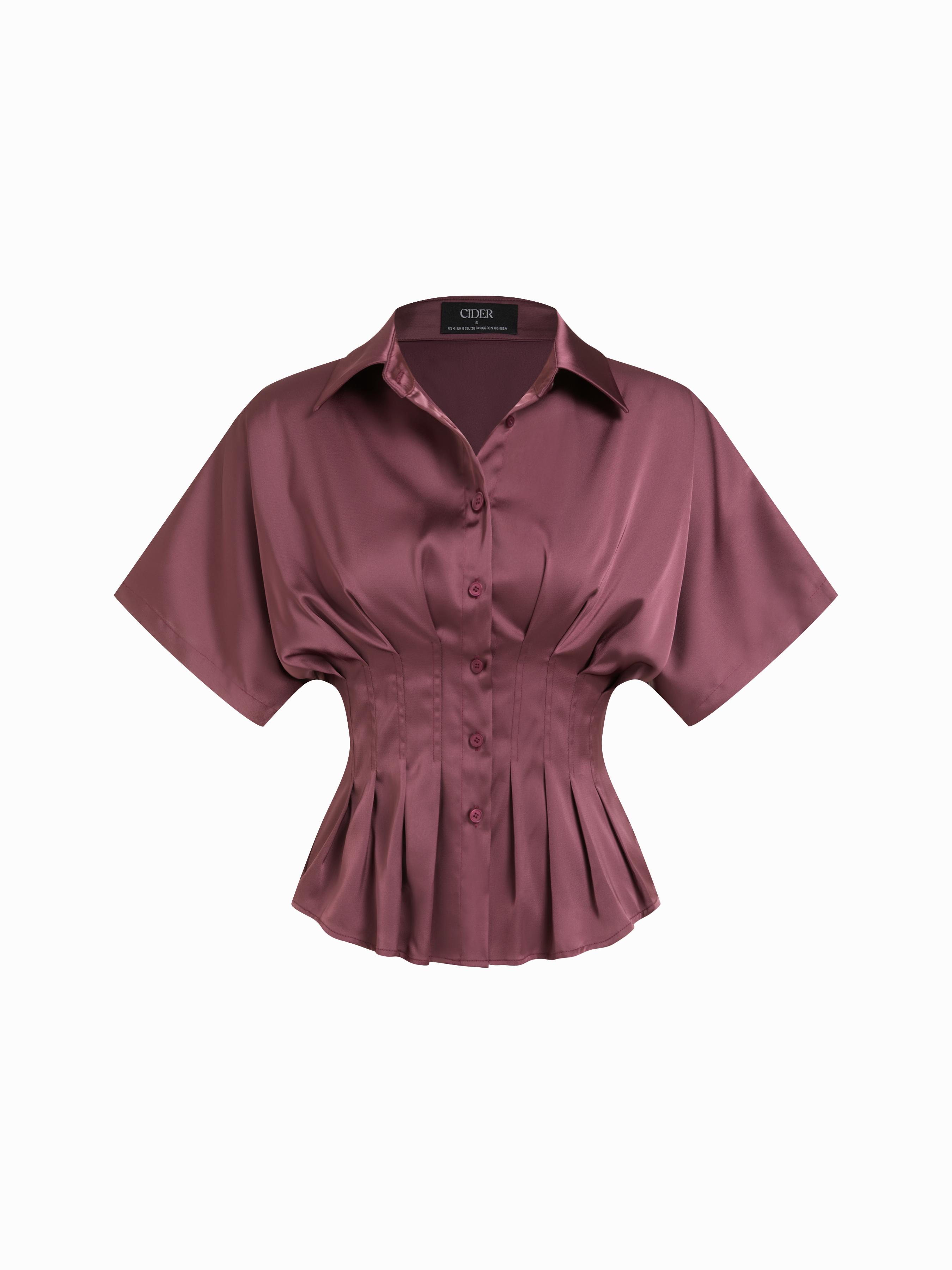 Satin Collar Pleated Cinched Short Sleeve Shirt by CIDER