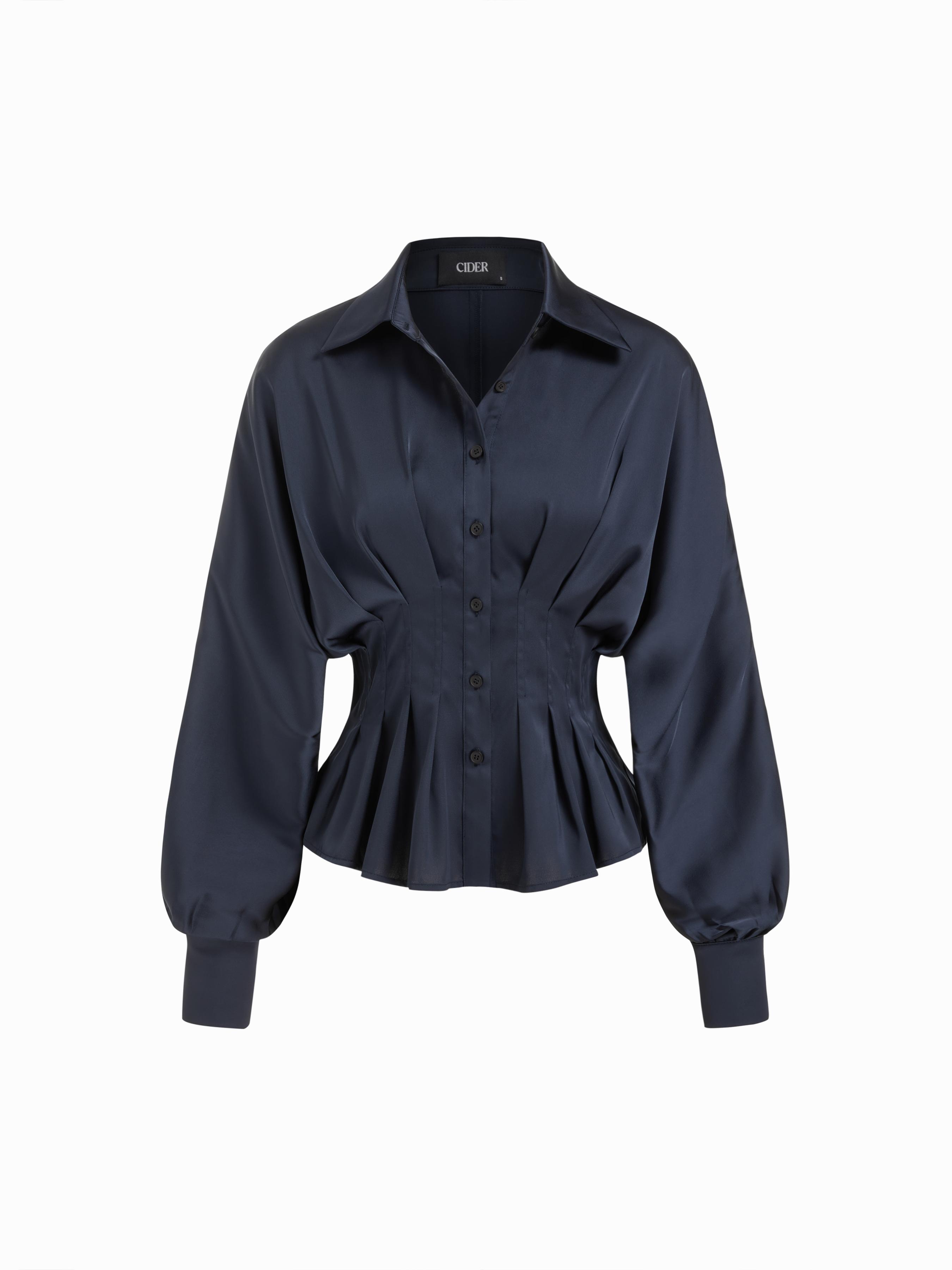 Satin Collar Ruffled Cinched Waist Lantern Sleeve Shirt by CIDER
