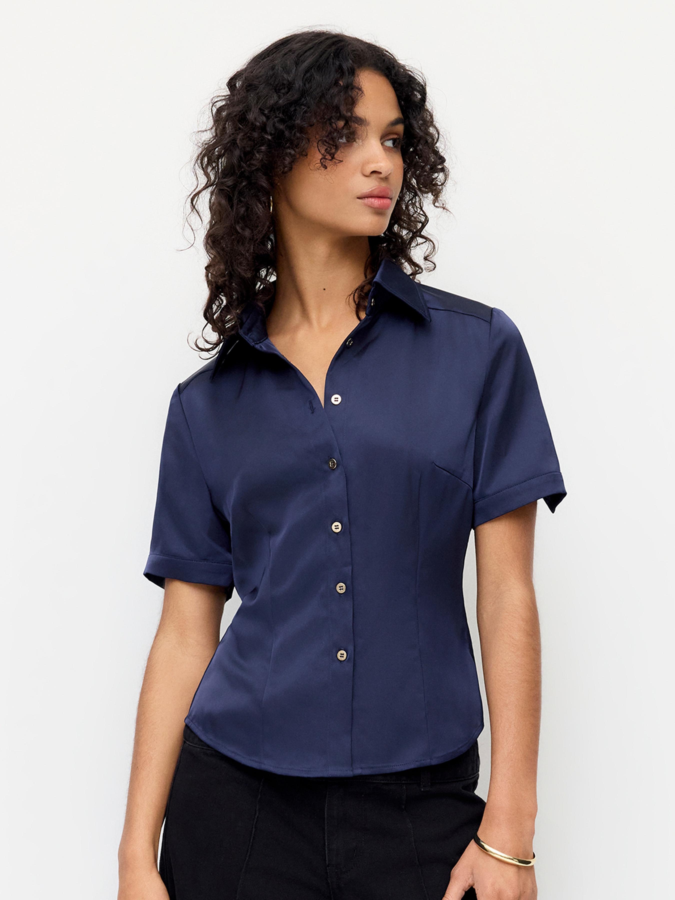 Satin Collar Short Sleeve Button Front Blouse by CIDER