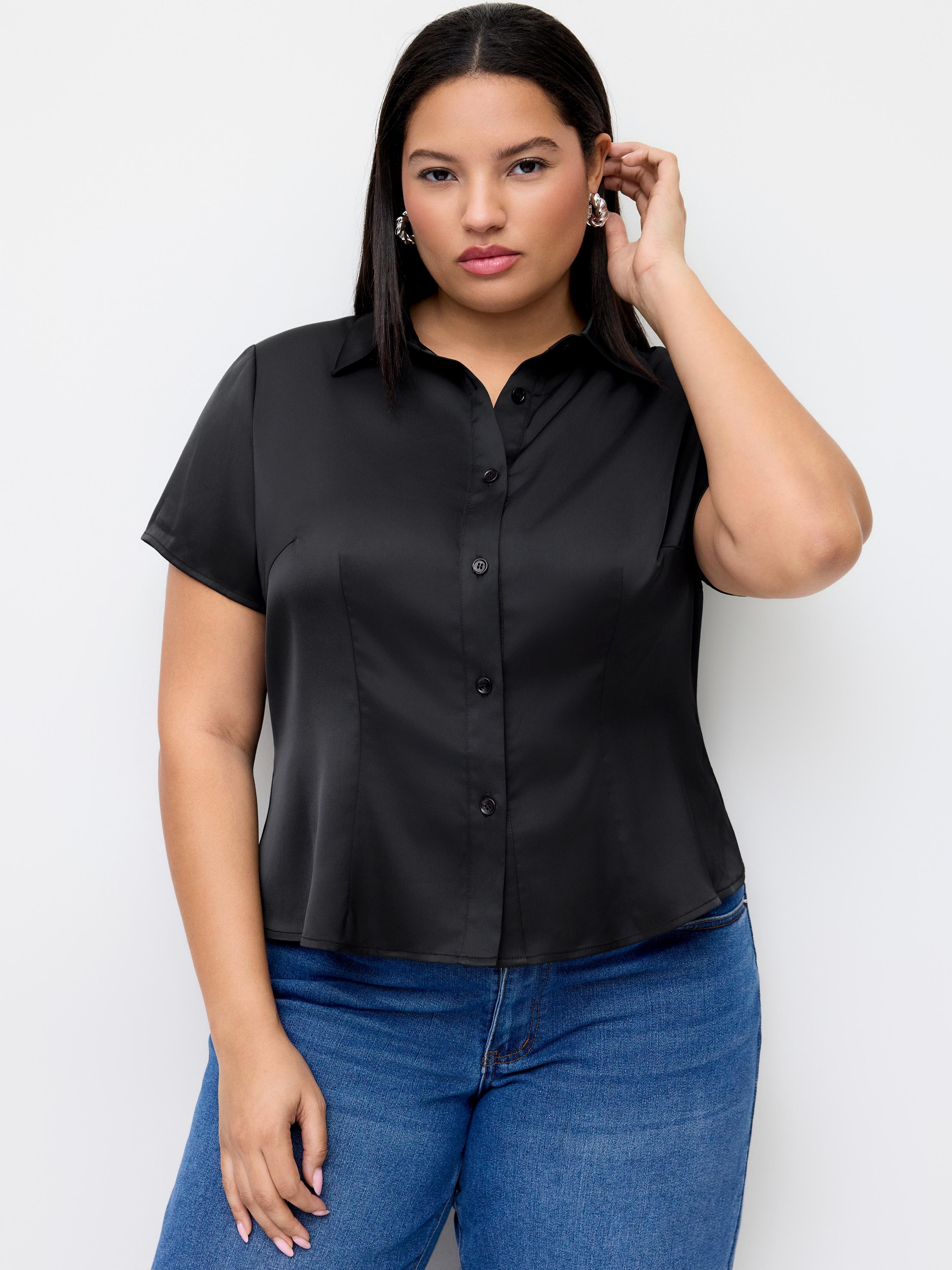 Satin Collar Short Sleeve Shirt Curve & Plus by CIDER