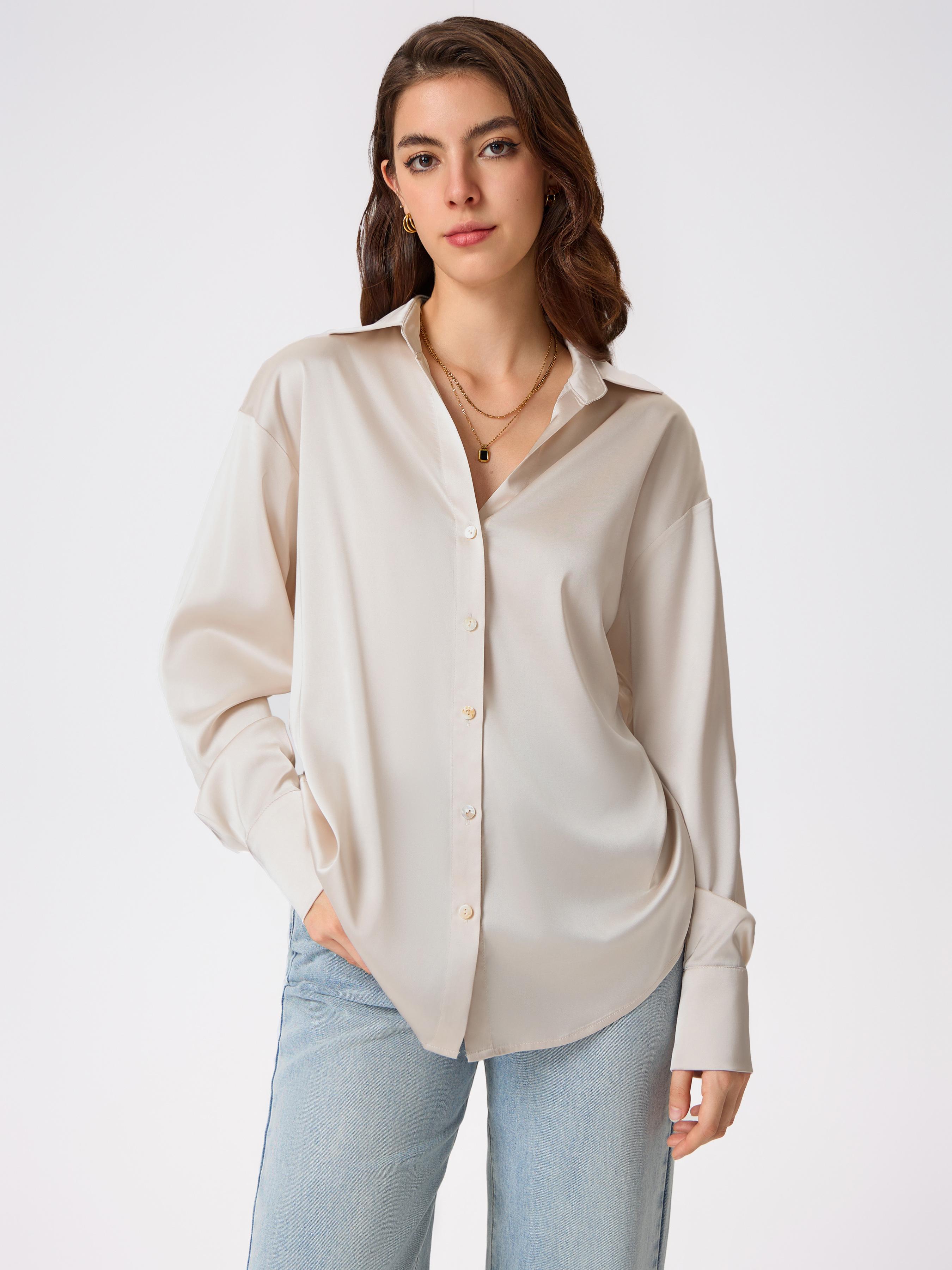 Satin Collar Solid Button Long Sleeve Shirt by CIDER