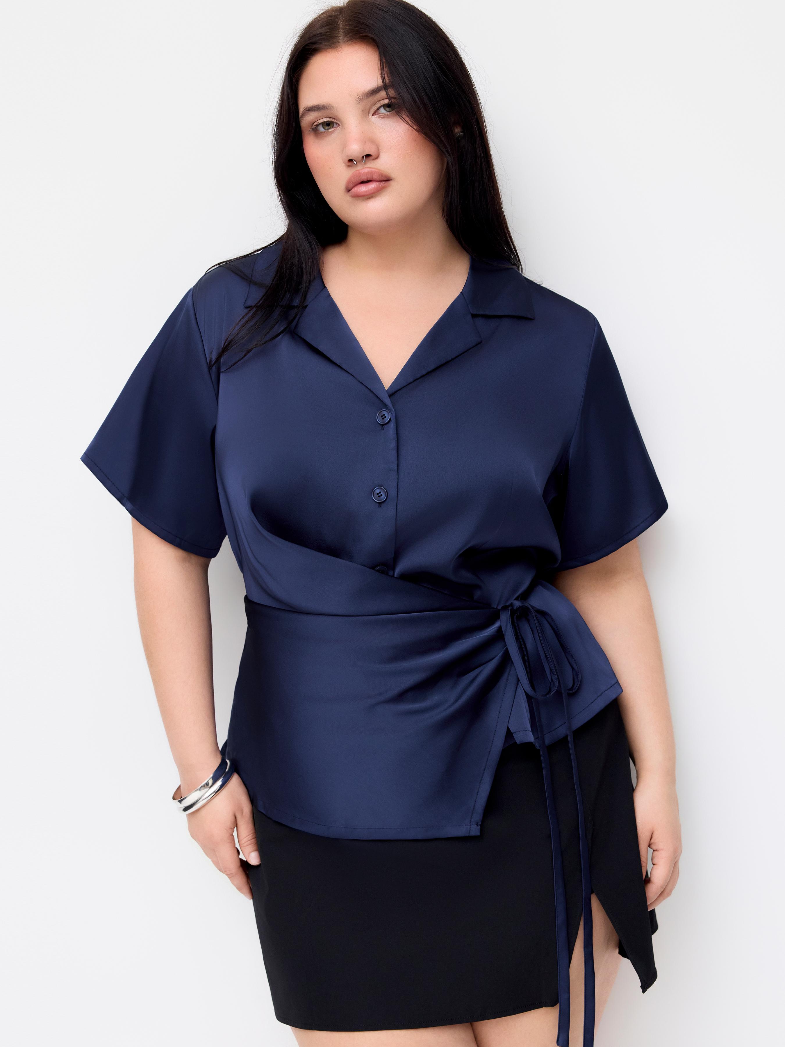 Satin Collar Tie Front Knotted Blouse Curve & Plus by CIDER