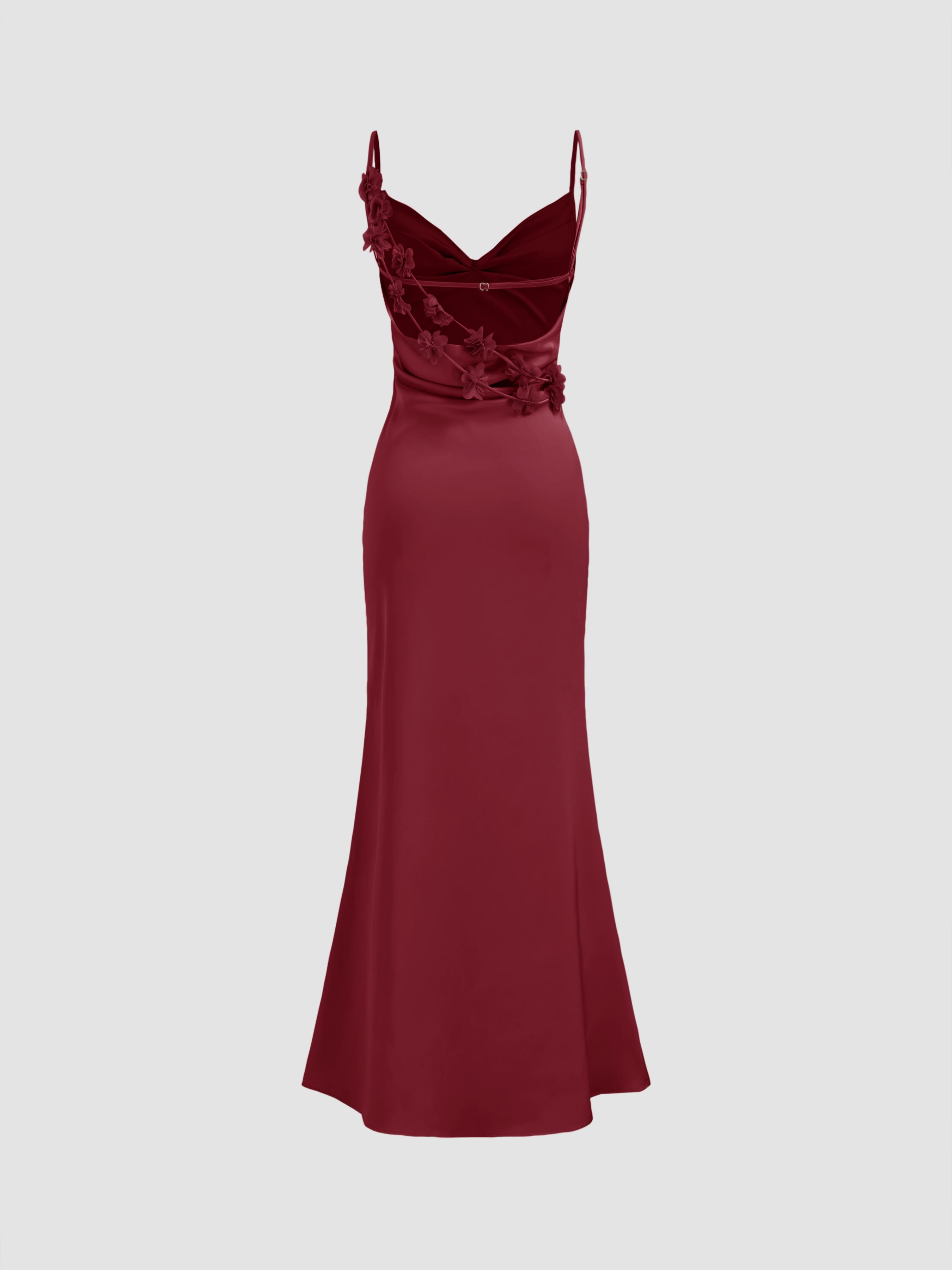 Satin Cowl Neck 3D Floral Ruched Mermaid Maxi Dress by CIDER Satin Cowl Neck 3D Floral Ruched Mermaid Maxi Dress by CIDER