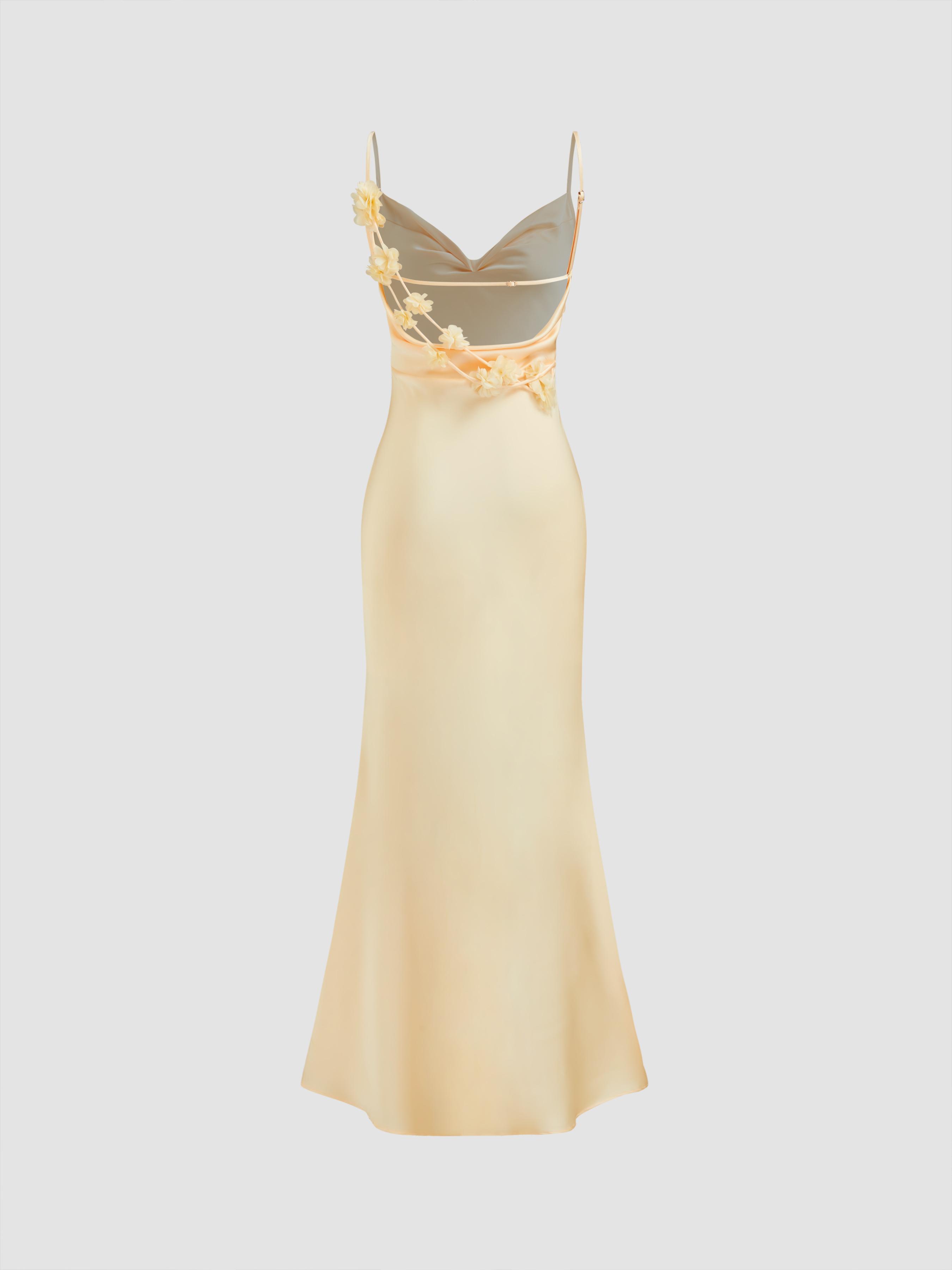 Satin Cowl Neck 3D Floral Ruched Mermaid Maxi Dress by CIDER